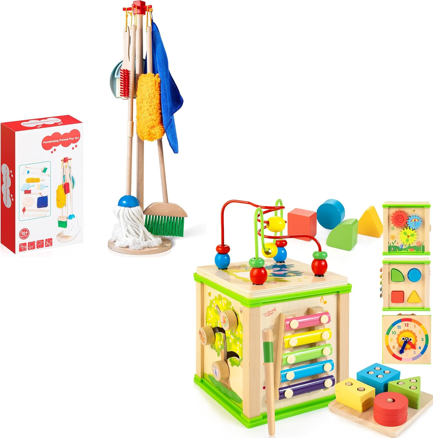 Wooden Kids Cleaning Set for Toddlers & Wooden 7-in-1 Activity Cube