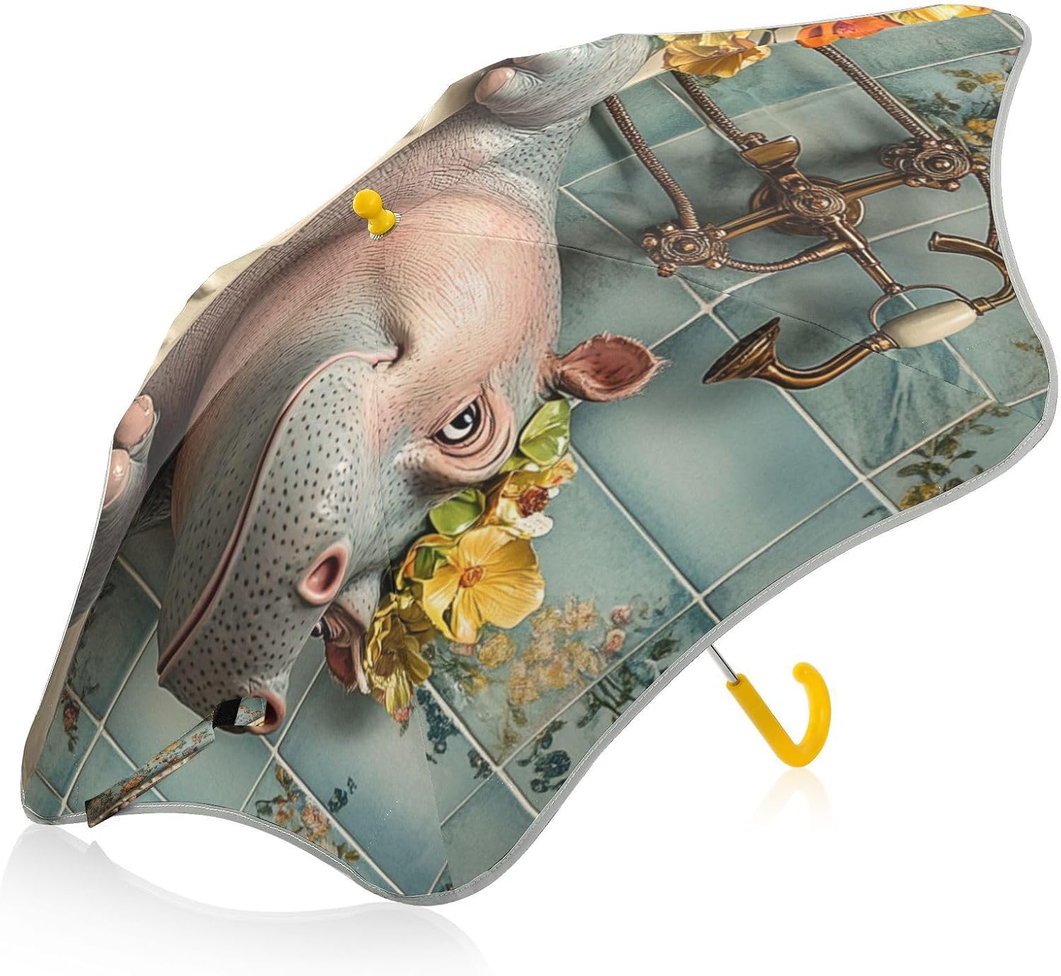 Hippo Vintage Bathtub Toddler and Little Kid Umbrella Windproof Umbrella with Reflective Strip for travel with Easy-Grip Hook Handle