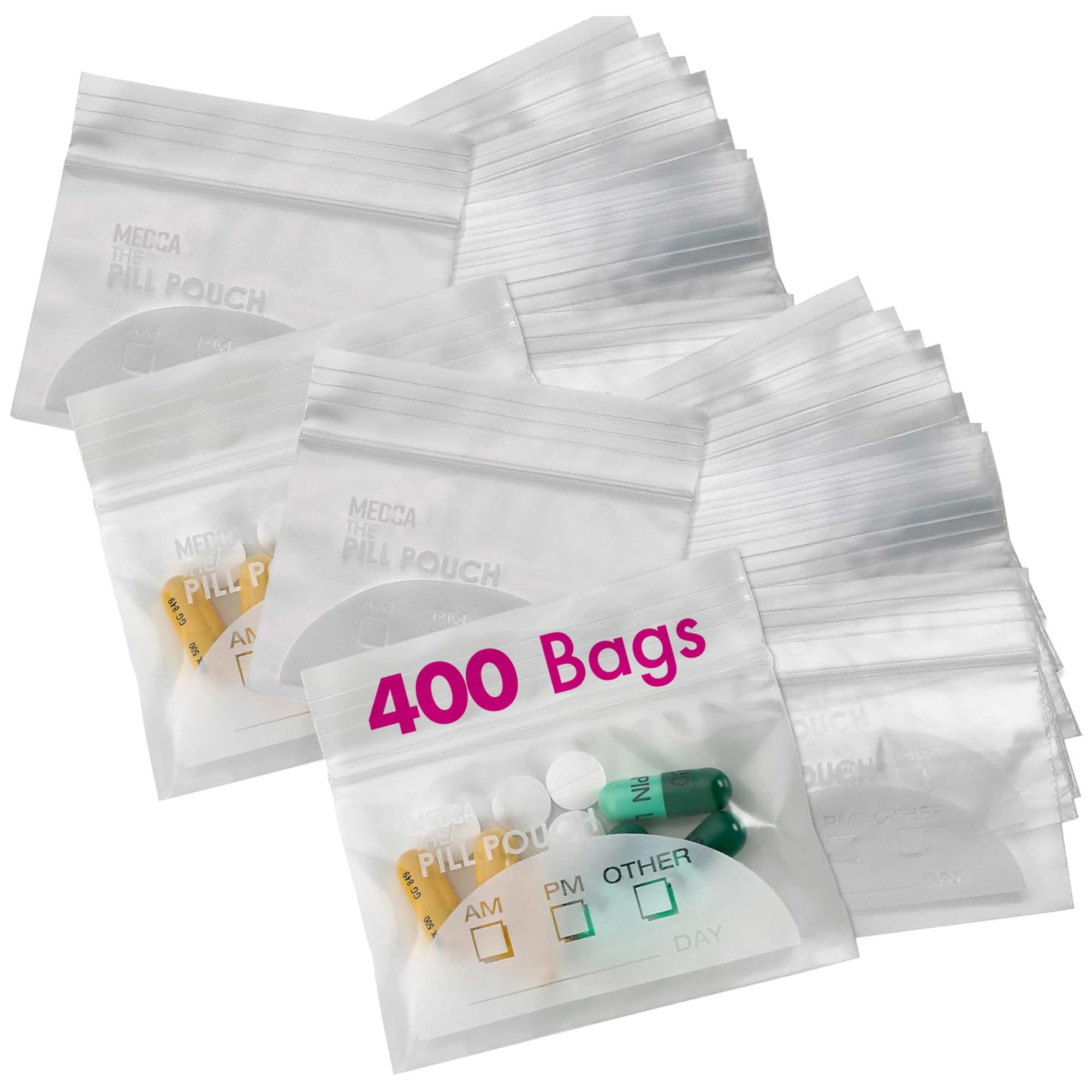 MEDca Pill Pouch Bags - (Pack of 400) 3" x 2.75" - BPA Free, Poly Bag Disposable Zipper Pills Baggies, Daily AM PM Travel Medicine Organizer Storage Pouches, Best Clear Reusable with Write-on Labels