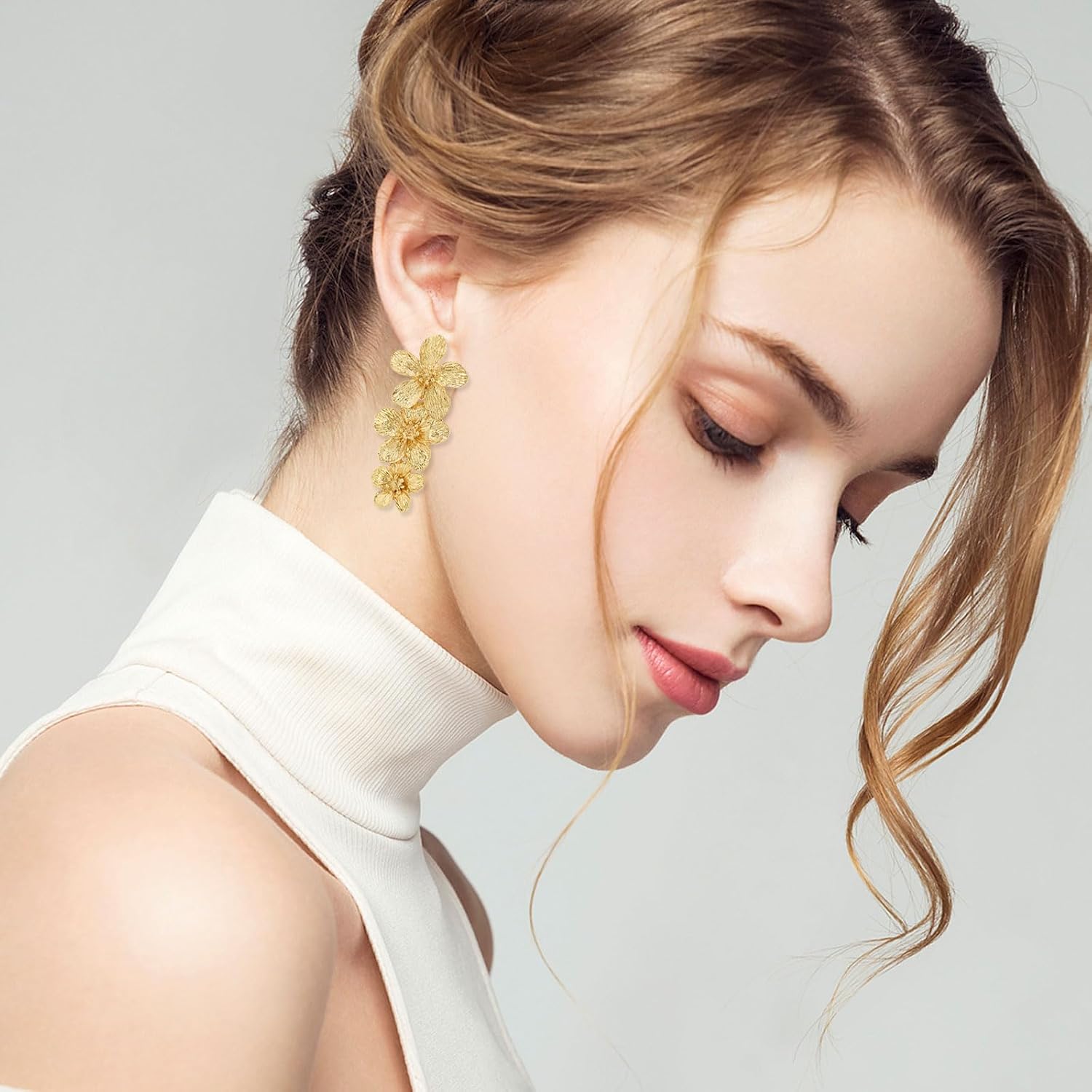 Flower and Leaf Earrings for Women, Earrings for Cute Women, Ladies Earrings, Premium Gold Fashion Texture Ribbed Earrings, Ideal for Women, Wedding, Dating, Birthday Gifts image 5