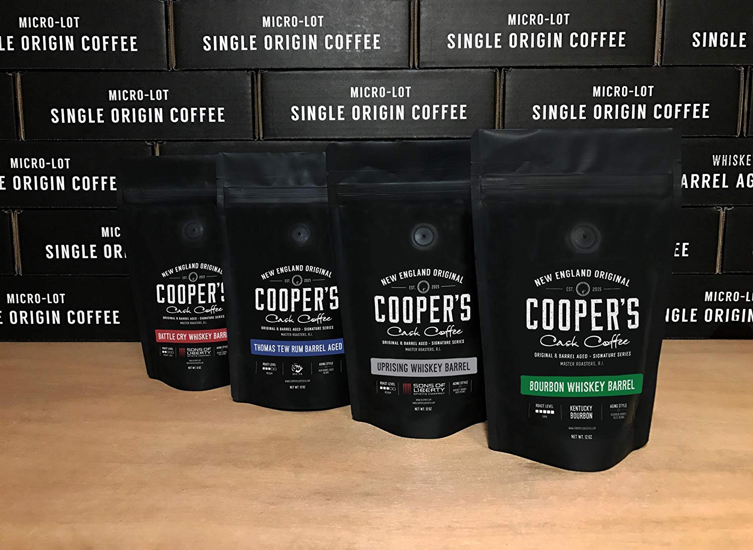 Rwanda Rum Barrel Aged Coffee - Ground 12oz and Bourbon & Whiskey Barrel Aged Coffee - Ground - 4 Bag Coffee Set 16oz