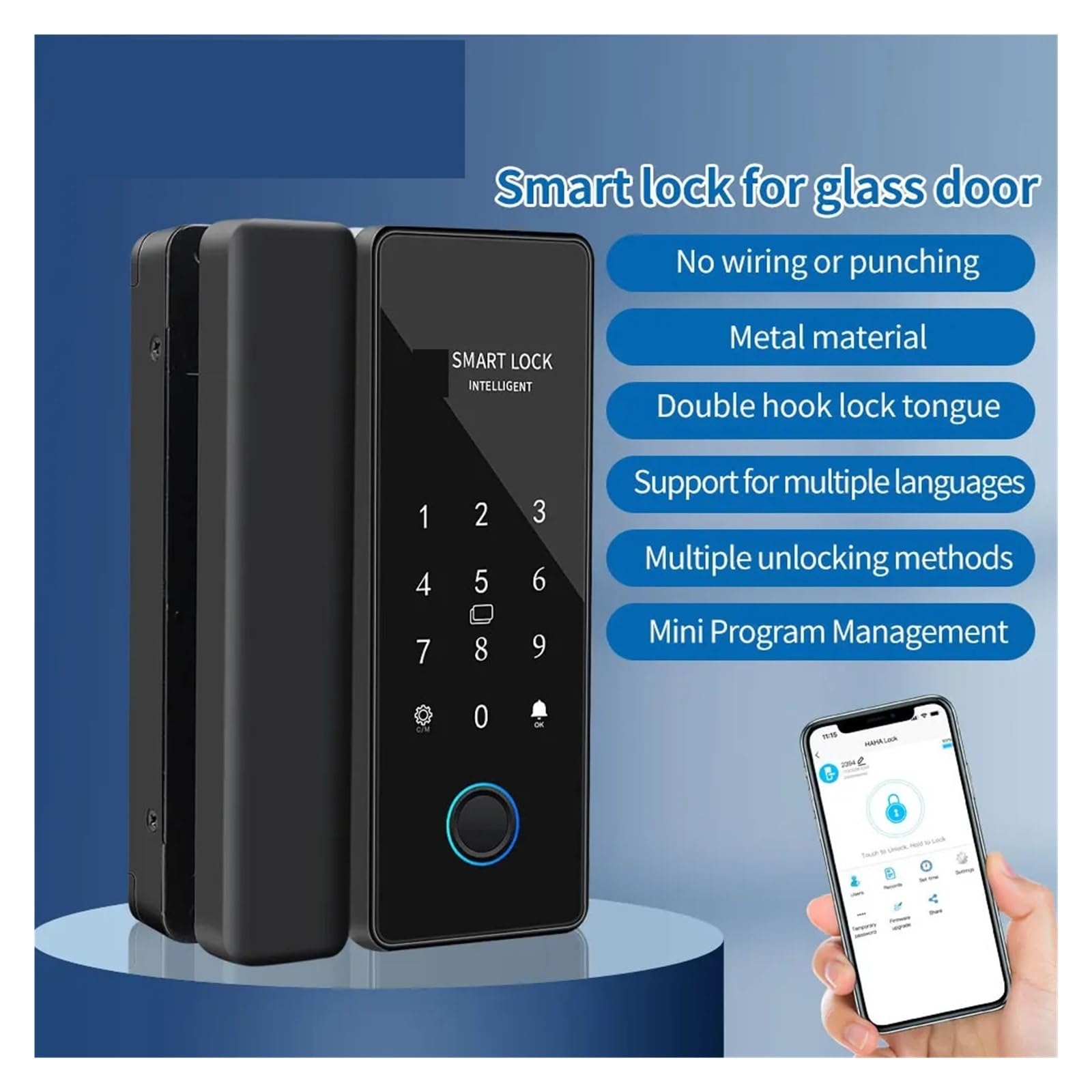 Blokada drzwi szklanych z Bluetooth, inteligentnym zamkiem, zdalnym odblokowaniem, odciskiem palca i hasłem, rejestracją czasu pracy,Większe bezpieczeństwo(B)