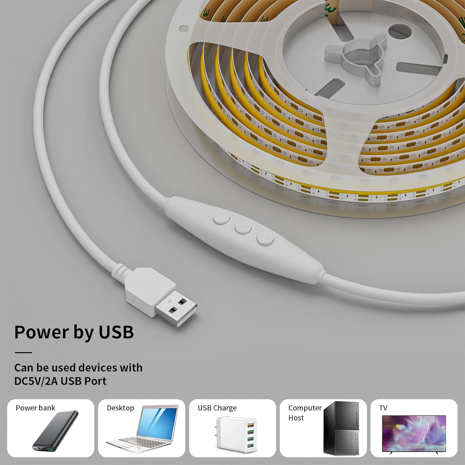 PAUTIX 5V USB CCT Tunable COB LED Strip Light 6.56ft/2m 1280LEDs 1200lm 2700K-6500K Dimmable CRI85+ with RF Remote TV Backlight,Flexible Under Cabinet Tape Light for Bedroom,Kitchen,Home DIY Lighting