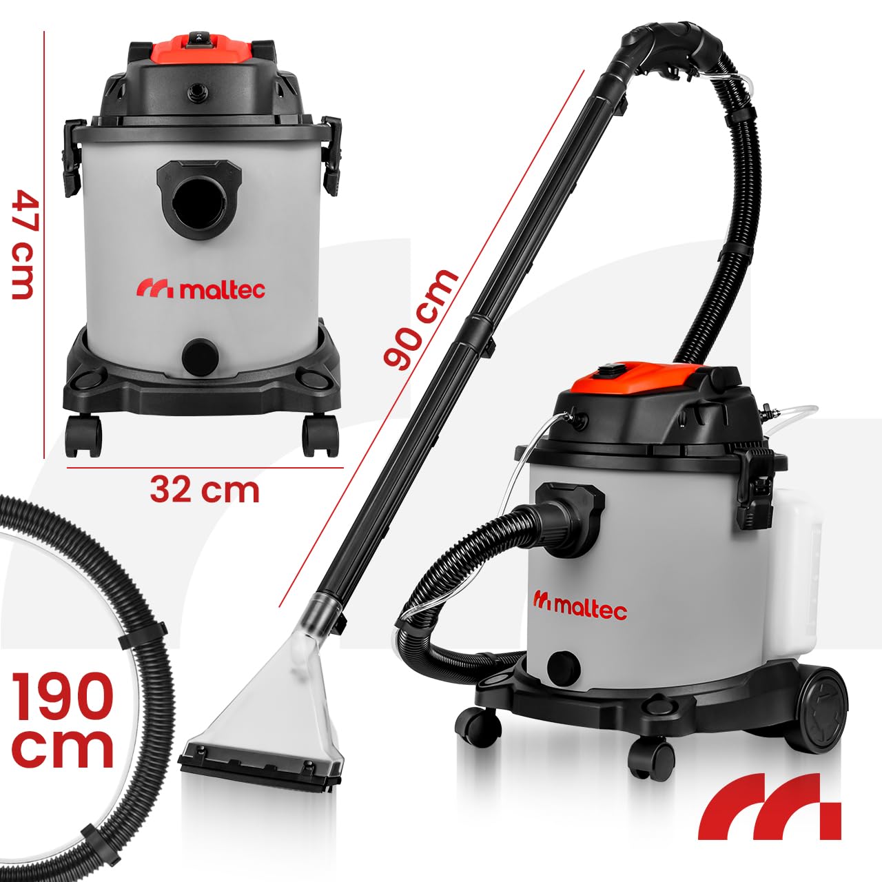 MalTec MasterWash odkurzacz do czyszczenia dywanów, 2200 W, szary, ze zbiornikiem o pojemności 20 litrów