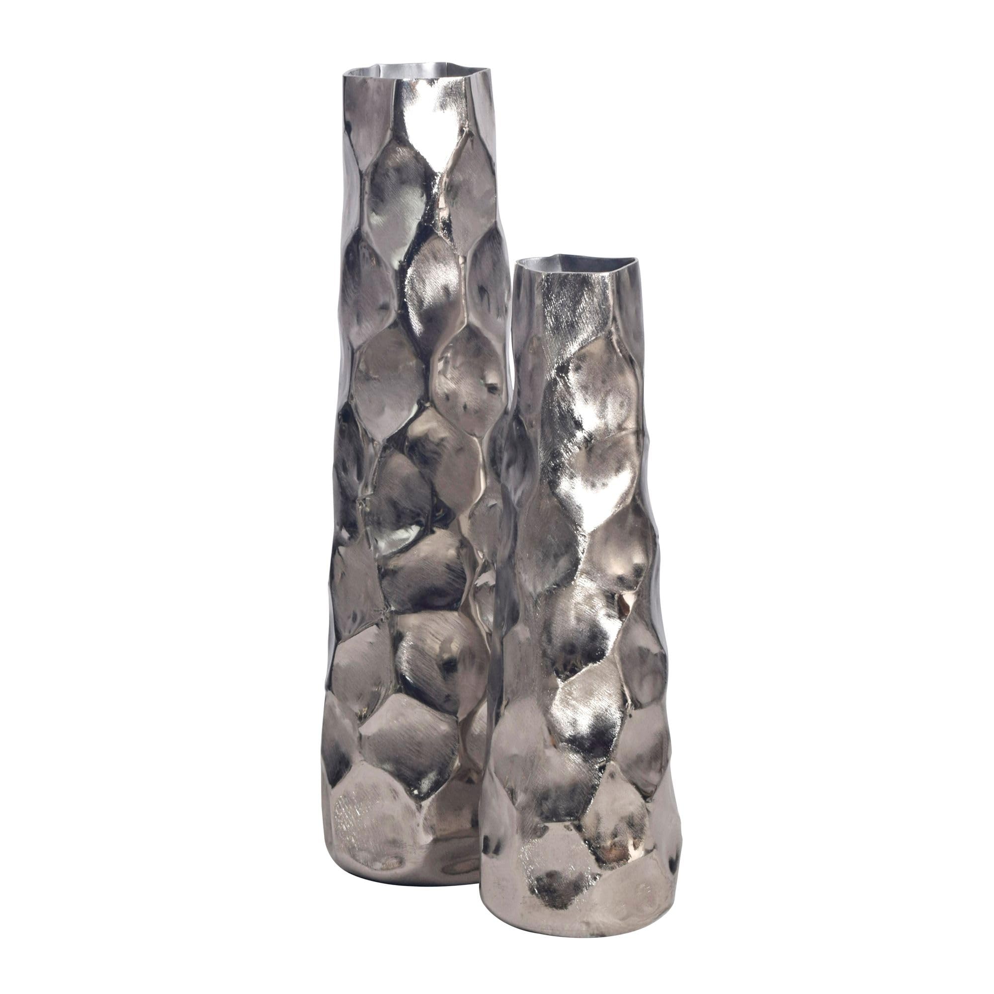 FineBuy Vase 2er Set Aluminium Silber Hammerschlag, Blumenvase | Dekovasen rund, Tischvasen handgefertigt, Wohndeko für Wohnzimmer, Sideboard und Esstisch, Tischdeko
