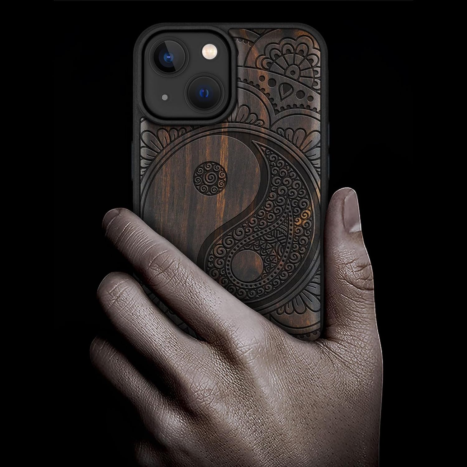 Carveit Magnetic Wooden Case for iPhone 15 Case, Compatible with MagSafe Wireless Chargers, Black Soft TPU Shockproof Cover & Wood Artisan Engraved (Yin-Yang Mandala) - Blackwood