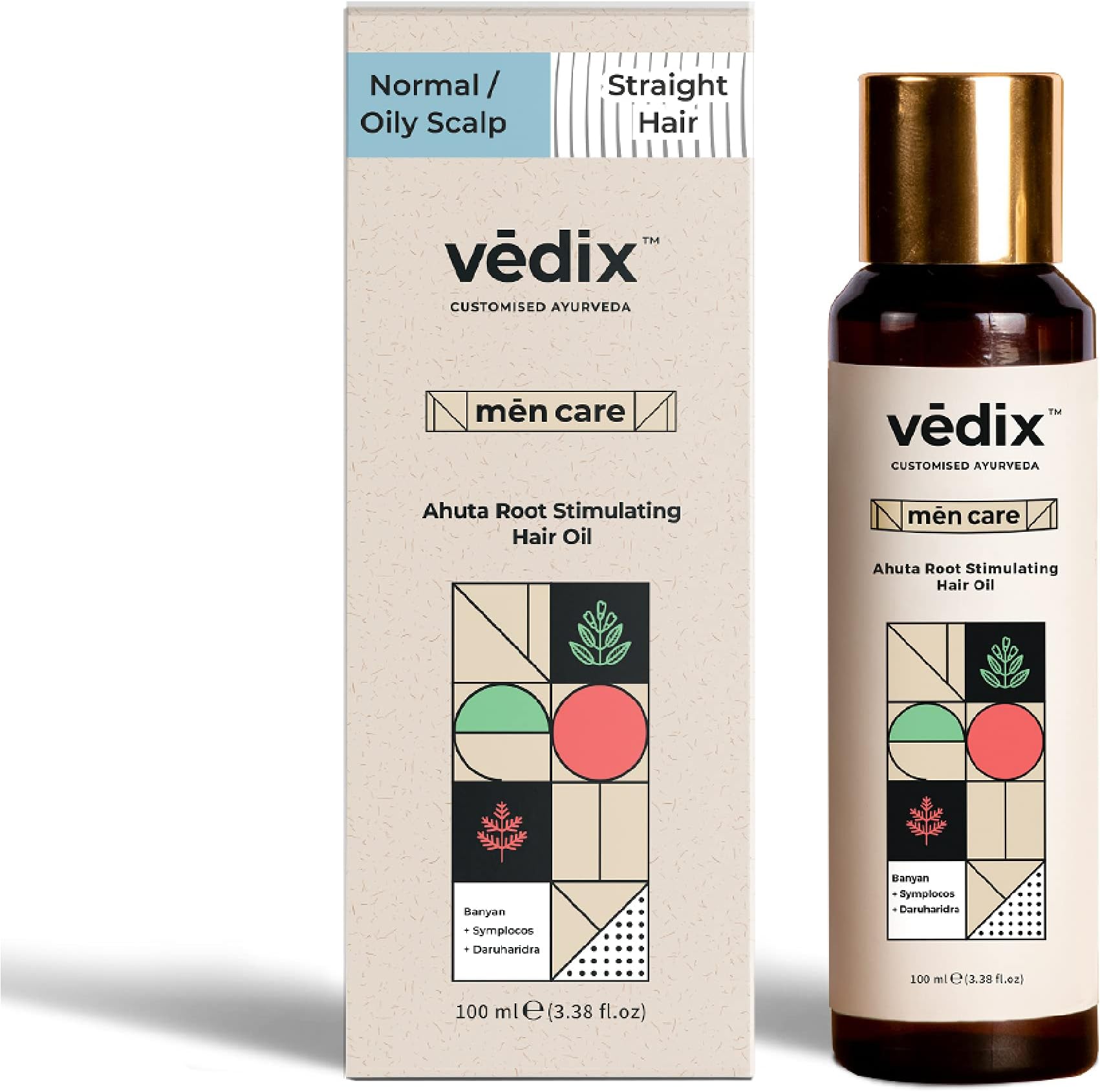 Vedix Hair Fall Oil For Men-Ahuta Root Stimulating Hair Oil With Banyan + Symplocos + Daruharidra Customized For Normal-Oily Scalp & Straight Hair-Customized Ayurveda For Hair Growth In Men-100Ml