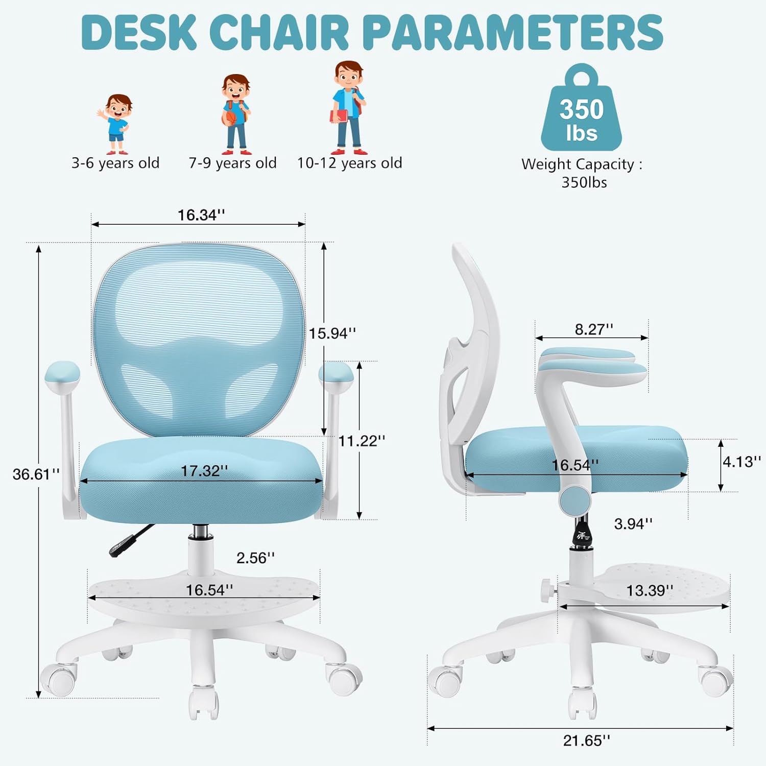 Kids Desk Chair Ergonomic Study Chair with Flipped Armrest and Footrest Swivel Mesh Desk Chair with Wheels Home Office Chair for Children in Home Bedroom Blue