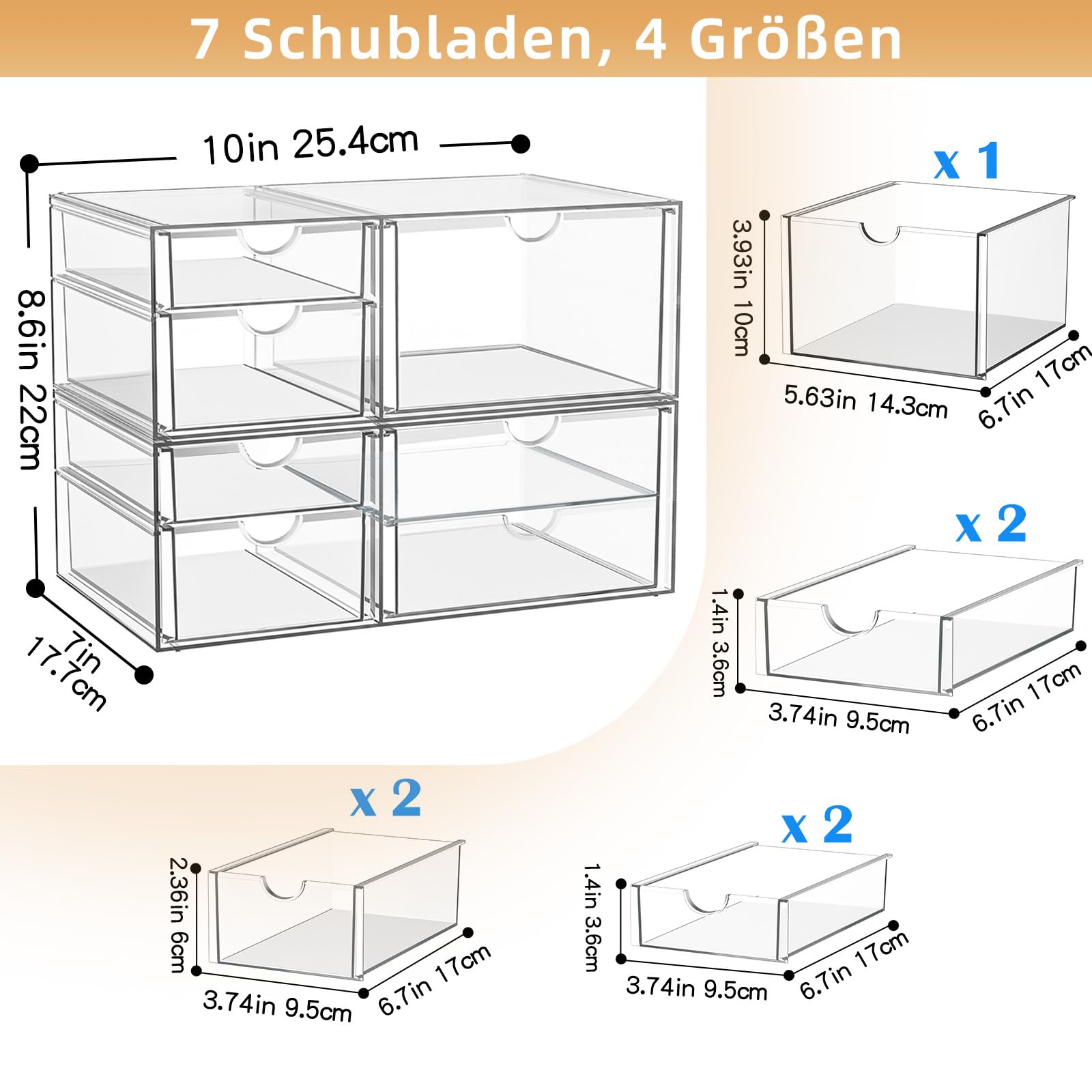 Schreibtisch-Organizer mit 7-Schubladen, 2er Stück Schubladenbox, Durchsichtige Acryl Büro Organizer, Make-up-Organisator, Aufbewahrung für Bürobedarf, Schmuck, Stifte & Schreibwaren