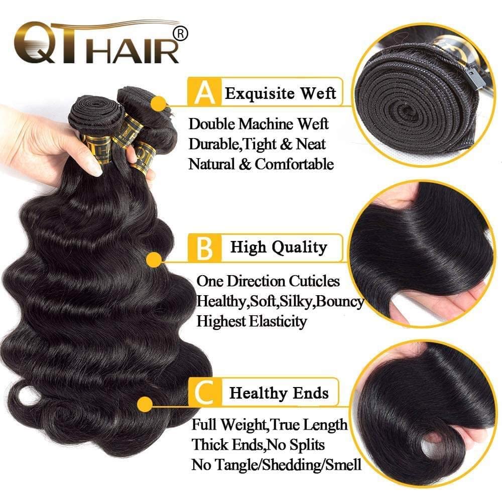 QTHAIR 18A Grade Brazilian Body Wave Human Hair Bundles with HD Lace Closure (12" 14" +10", Middle Part Closure) Body Wave Virgin Hair Bundles with Closure