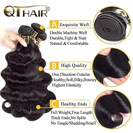 QTHAIR 18A Grade Brazilian Body Wave Human Hair Bundles with HD Lace Closure (12 14 +10, Middle Part Closure) Body Wave Virgin Hair Bundles with Closure
