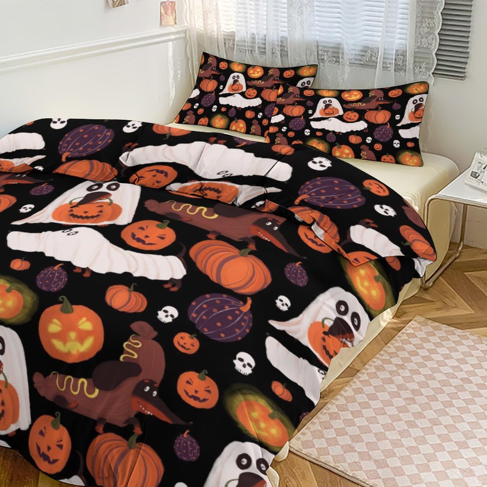 Custom Halloween Pumpkin Ghost Skull Dachshund Duvet Cover Cute Weiner Dog Spooky Personalized Bedding Set Witch Hat Spider Bat Customized Duvet Cover Set Trick Or Treat Comforter Cover Set 3 Pieces