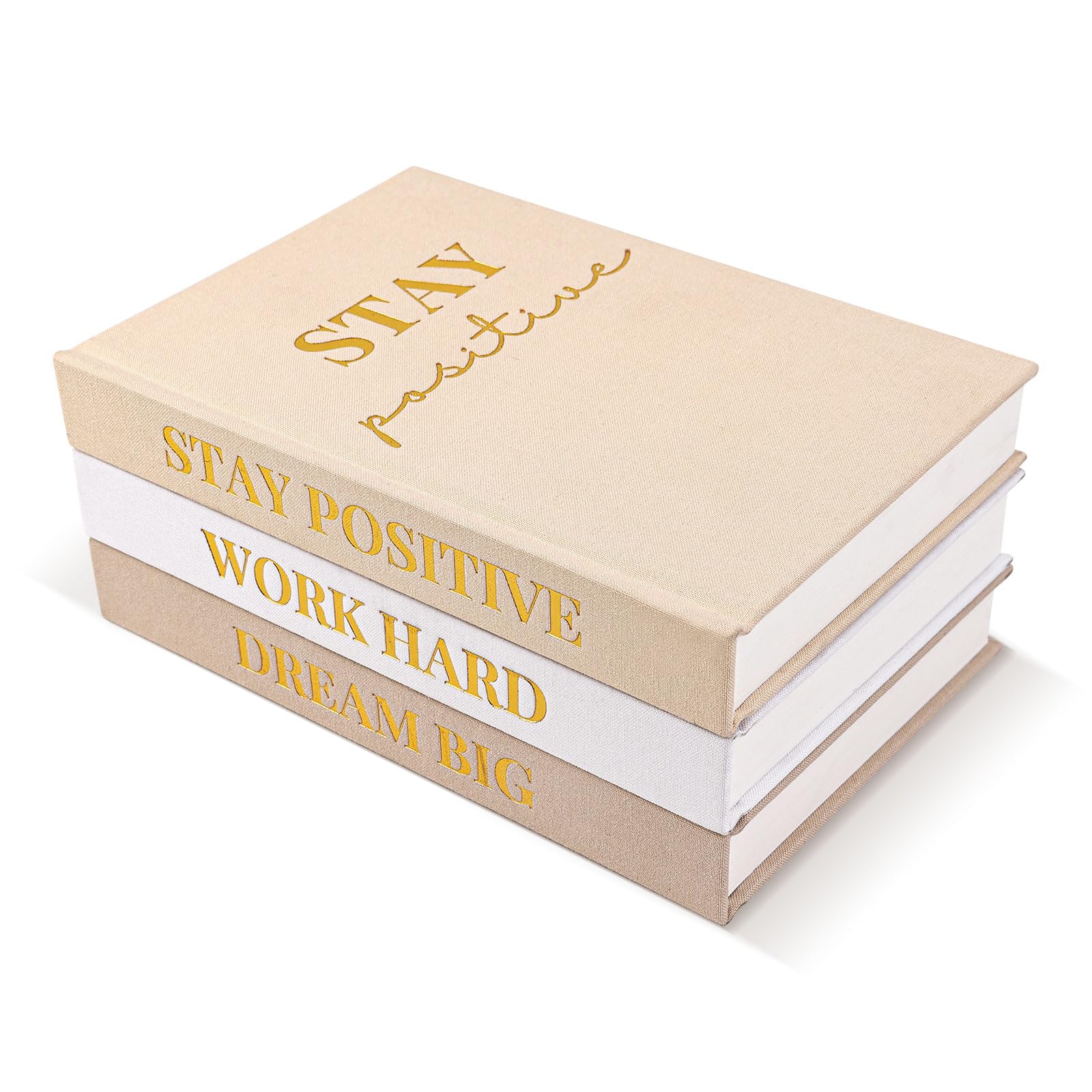 Set of 3 Linen Covered Decorative Books for Home Office Decor-Gold Foil Stamping Decor Books,Motivational Office Decor for Women Men Neutral Book Decor for Coffee Tables and Book Shelf