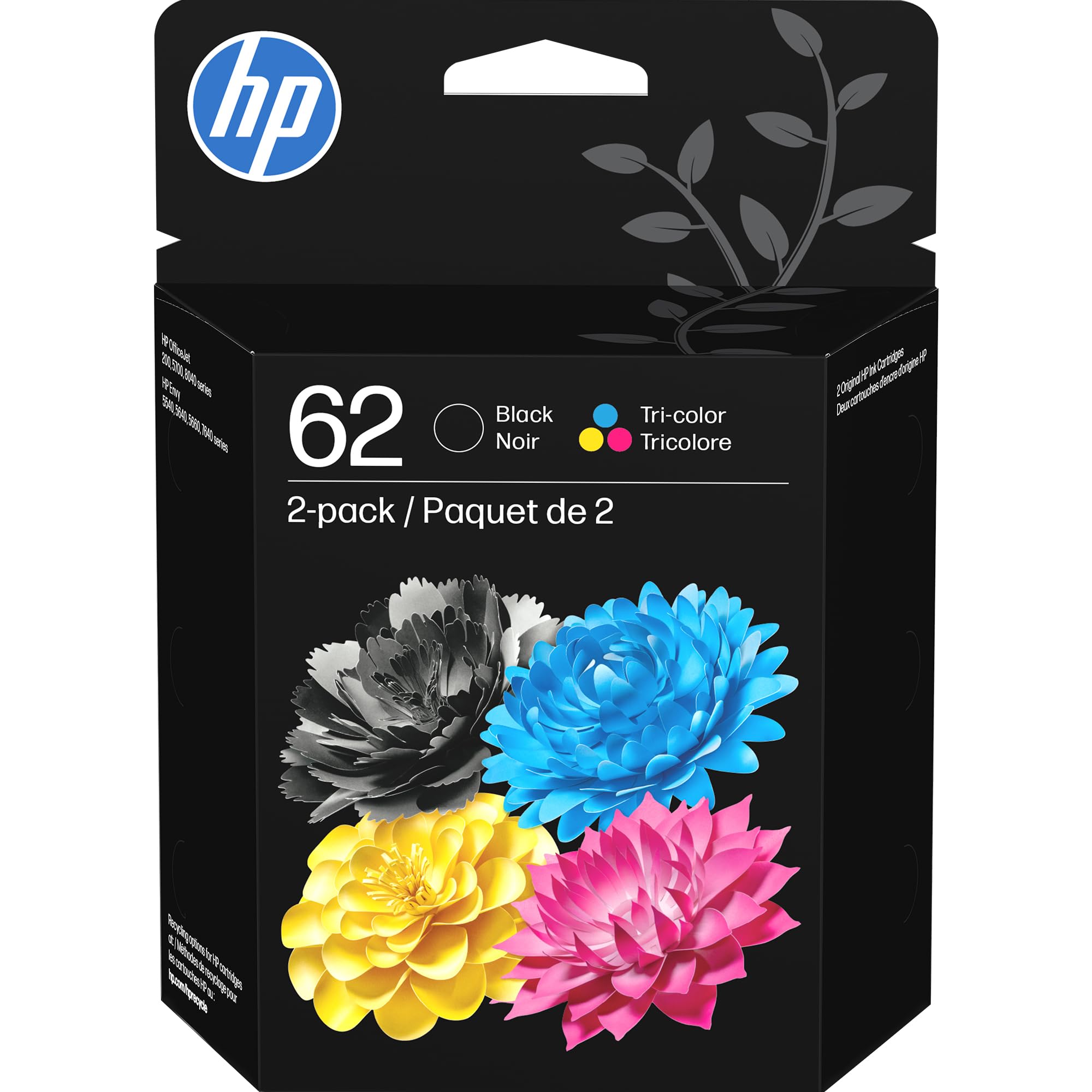 HP 62 Black/Tri-Color Ink Cartridges (2-Pack) | Works with Envy 5540, 5640, 5660, 7640, OfficeJet 5740, 8040, Mobile 200, 250 | N9H64FN | Packaging May Vary