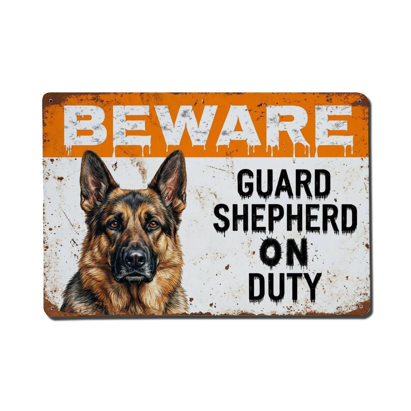 Vintage Funny Shepherd Guard Beware of Dog Pathway Metal Tin Sign