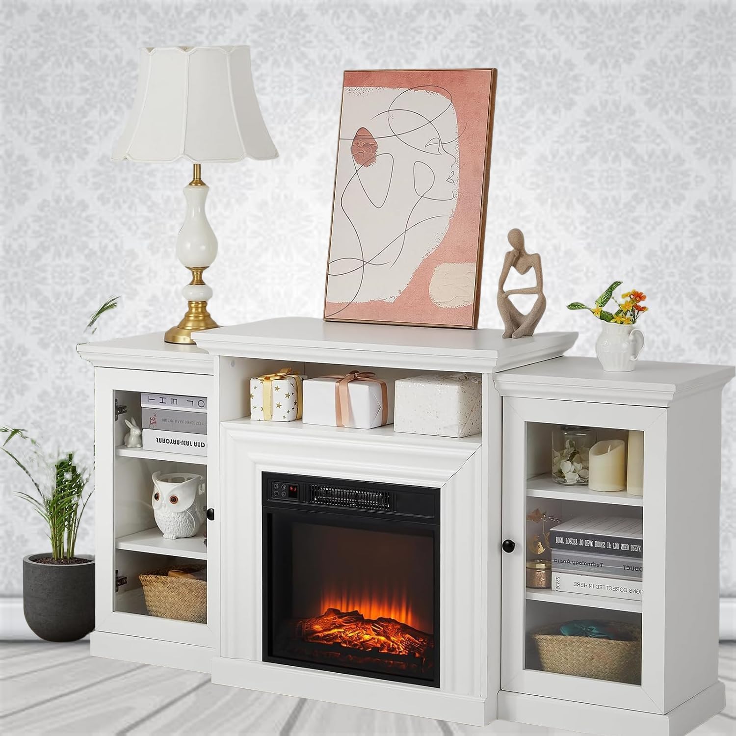 60 Inch Electric Fireplace with Mantel - Remote Control, Adjustable Flame Brightness, 0.5-6H Timer, Realistic Log Effect, and Built-in Shelves