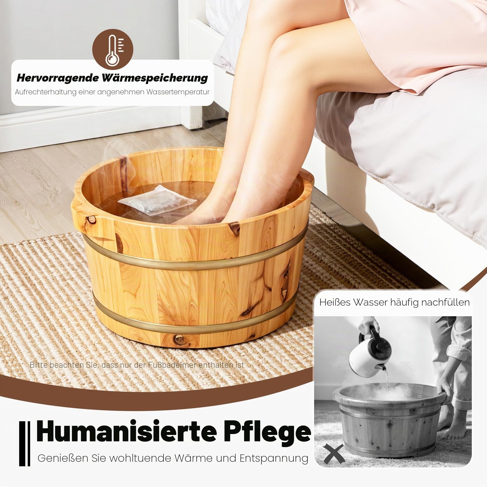 Holz Fußwanne aus Zypresse, Klassische Fußbadewanne für Entspannung und Fußpflege, Natur Holz-Fußbecken, Fussbad Ideal für Sauna und Home Spa, Holzfarbe