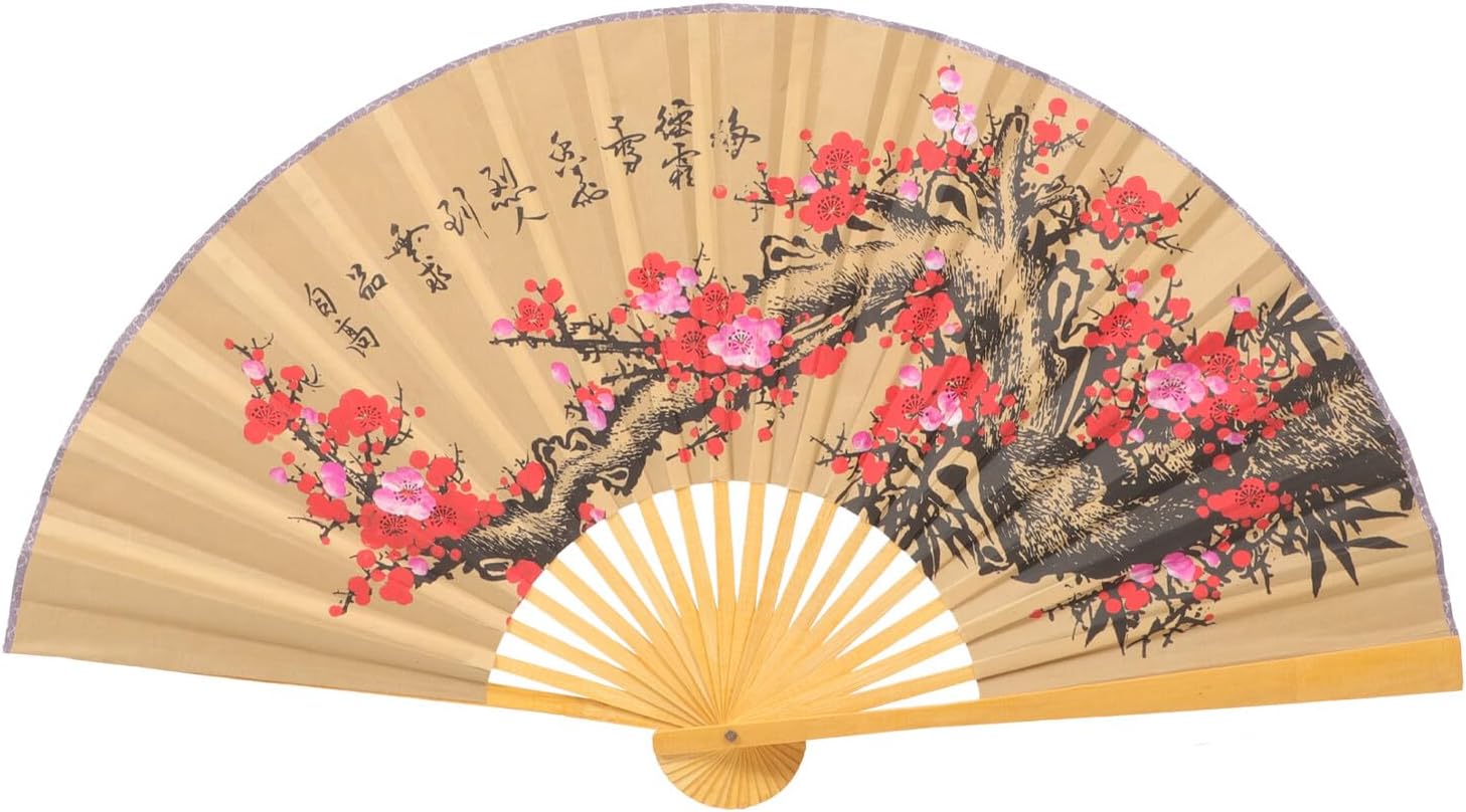 INOOMP Large Oriental Fan Wall Decor with Floral Pattern, Paper and Wood Material, 90×50Cm, for Chinese Themed Parties and Home Decoration