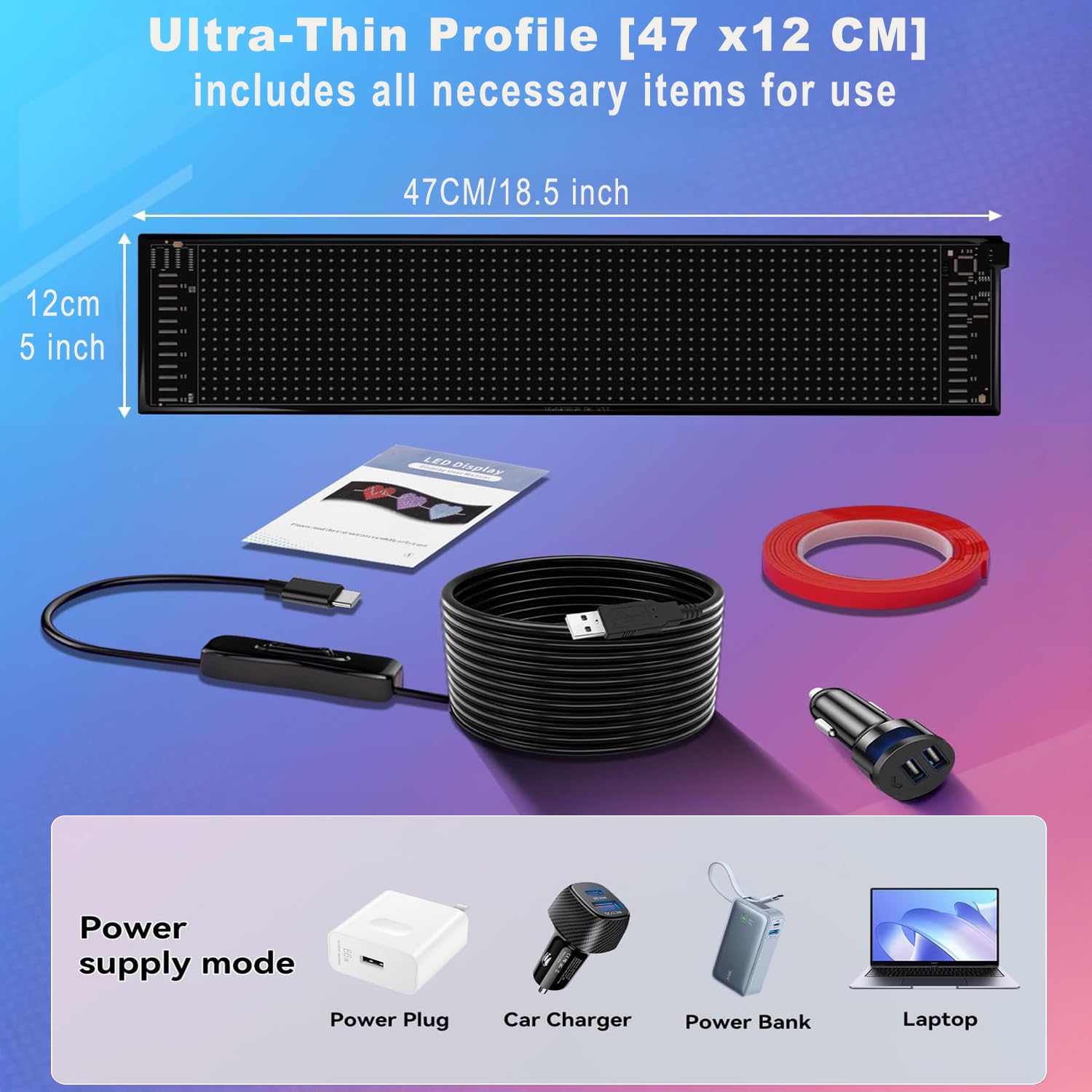 Cartello Led Programmabile：47x12cm Flessibile Display LED, Insegna Luminosa LED Sostegno Testo, Digitale, Animazione Display, programmabile Controllo app ricarica USB per Negozi, Feste, Pubblicità