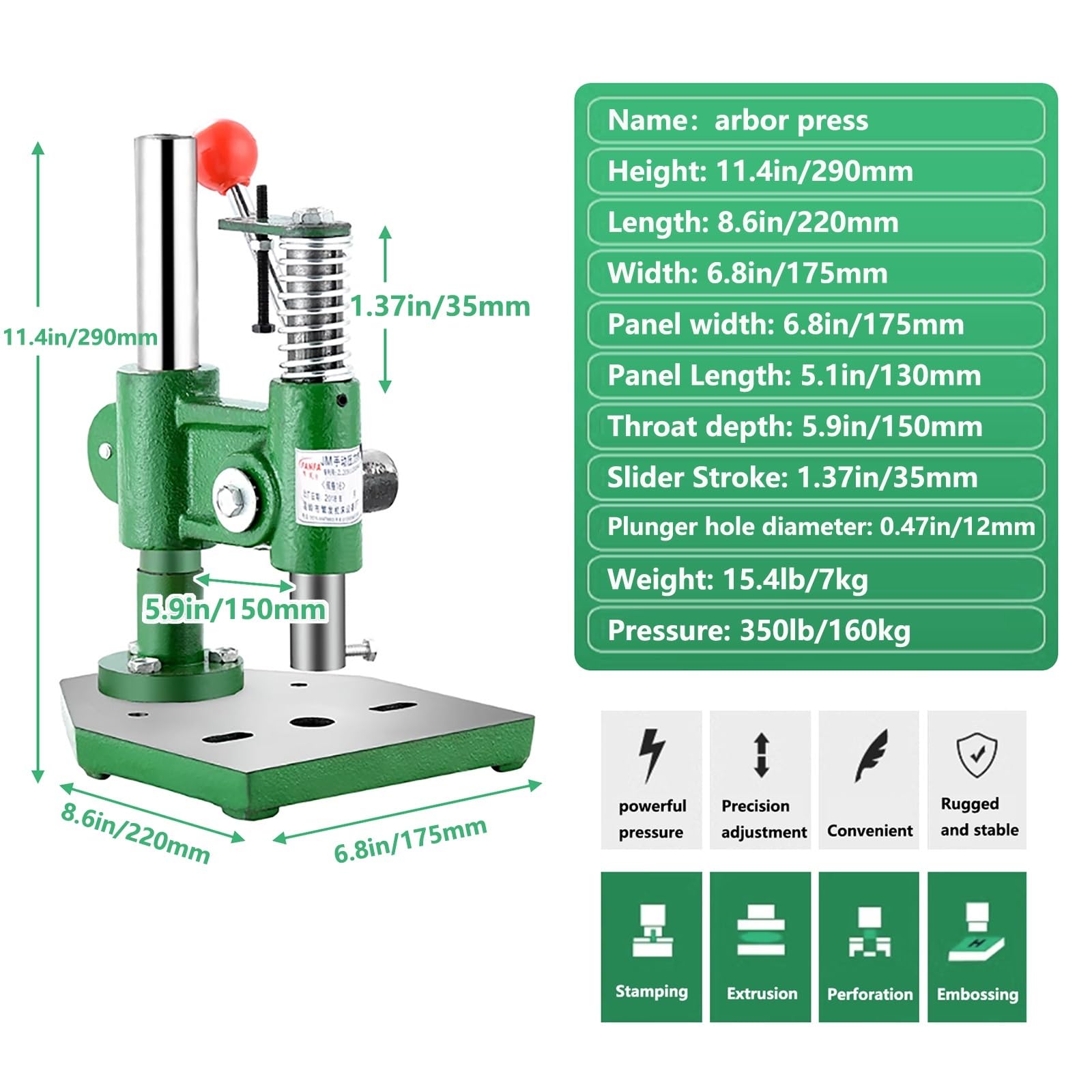 Presse manuelle en fonte assistée par ressort pour rivets, œillets, boutons de fixation et estampage sans effort avec pression maximale de 158,8 kg