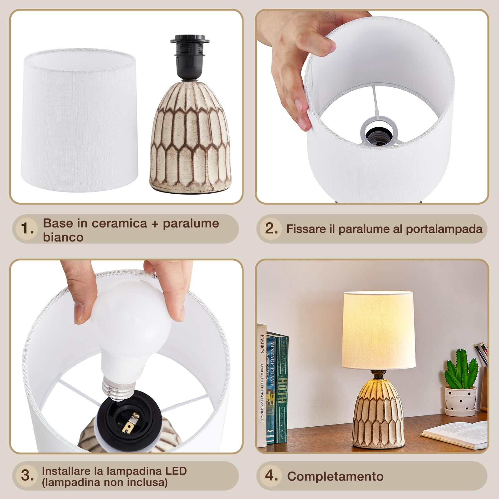 GyroVu Lampada da tavolo in ceramica set di 2, lampada boho per comodino, piccola lampada da notte con base in ceramica e paralume in tessuto per la decorazione di camere da letto e soggiorni