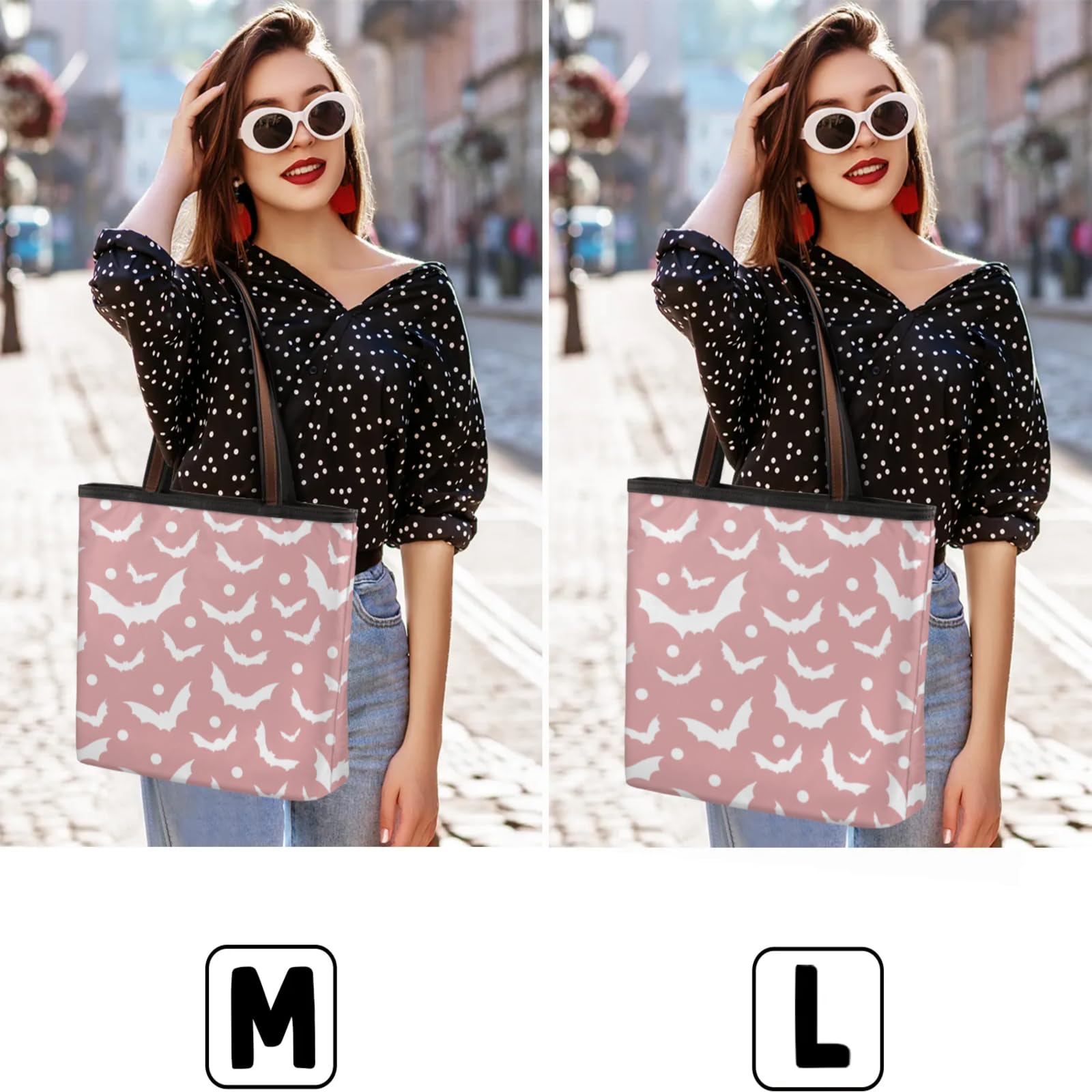 Polka Dot Bat Hand Painted White Tote Bag Multi Pocket Zippered Beach Bag Lightweight Waterproof Handbag for Women Men Work Gym Travel Swimming Yoga Grocery Shopping M