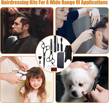 12 Pcs Professional Hairdressing Set with Comb, Cape, Clip, Screw Adjuster, Stainless Steel Salon Barber Beard Cutting Tool, Thinning Shears Scissors, Hair Scissors Kit for Women, Men, Kids (Black)