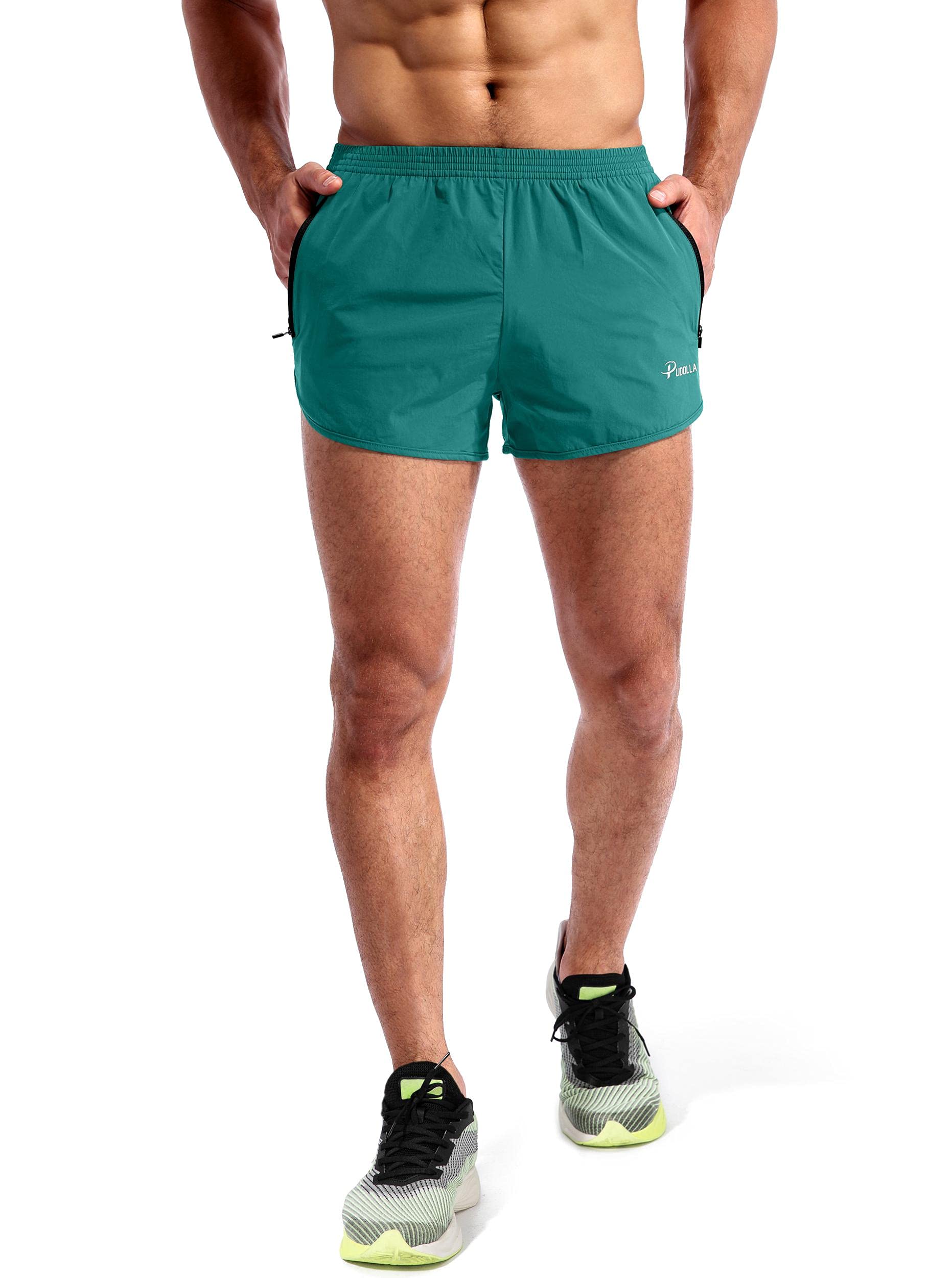 Pudolla Men’s Running Shorts 3 Inch Quick Dry Gym Athletic Workout Shorts for Men with Zipper Pockets(Forest Green Medium)