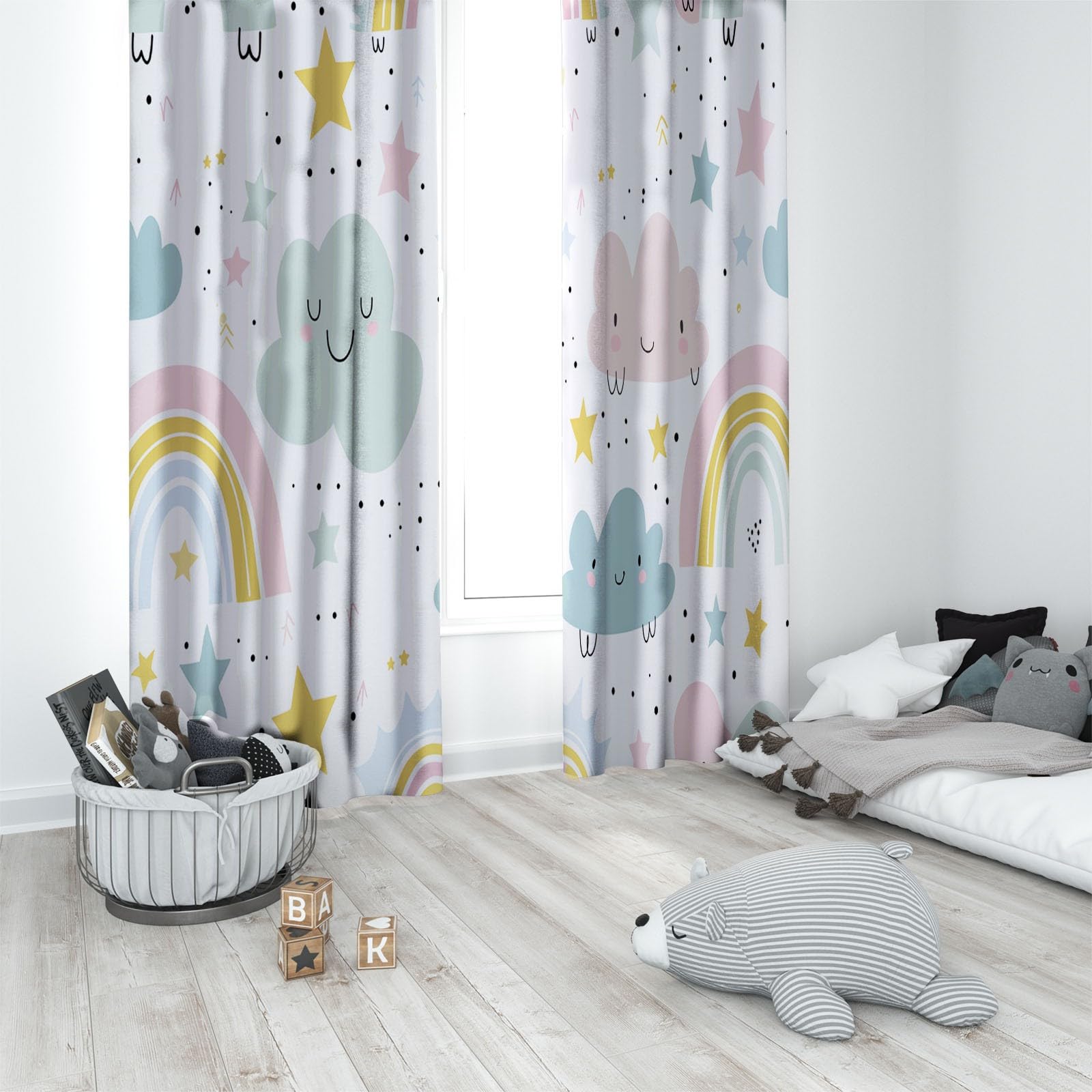 CozyRest Zasłony termiczne na przelotkach, tęczowe chmury i gwiazdy - 233 x 137 cm, izolacja i redukcja hałasu, zasłony do pokoju dziecięcego dla chłopców i salonu