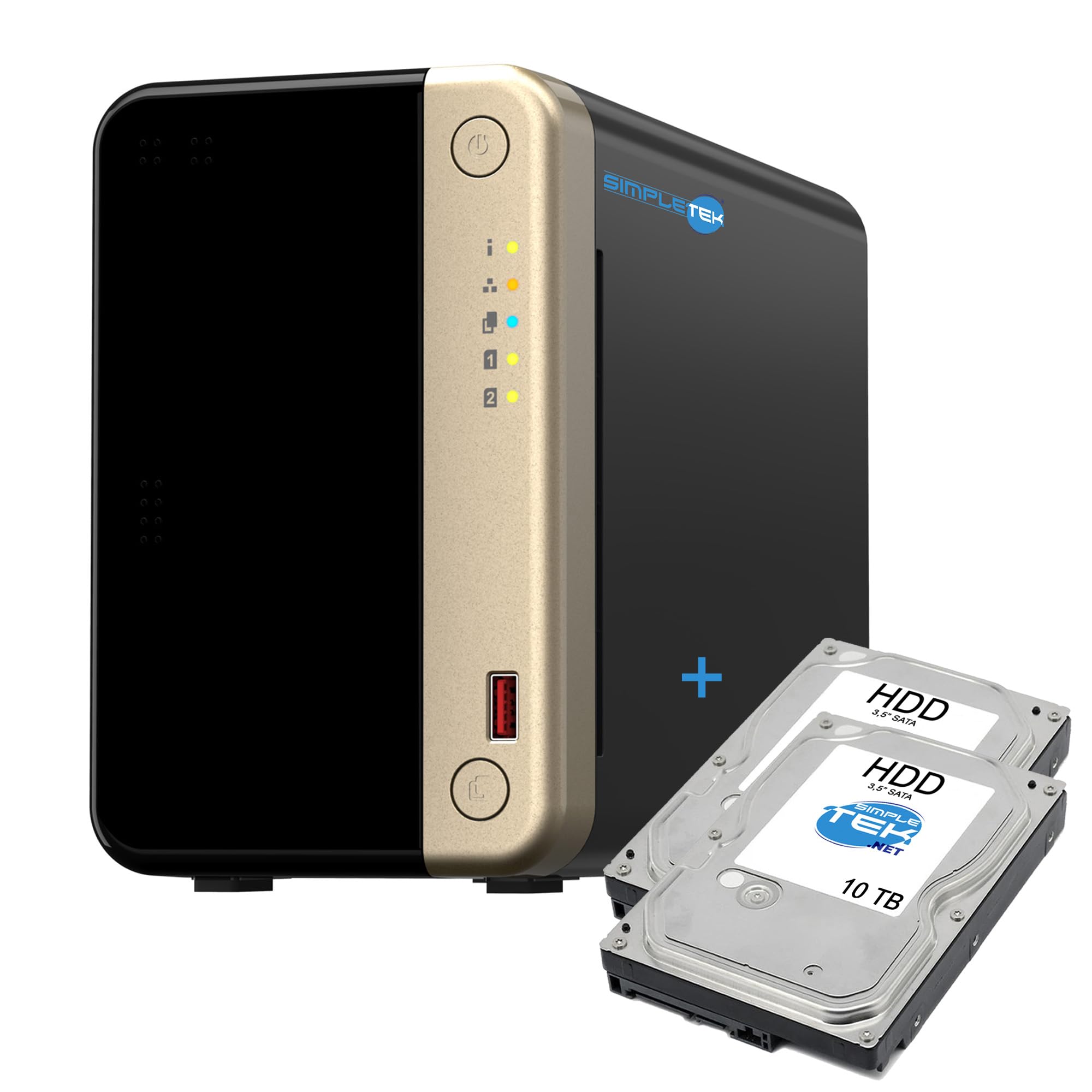 SIMPLETEK - Profesjonalny 2-komorowy serwer NAS - czterordzeniowy procesor - 8 GB pamięci RAM - w tym 2 x HDD 10 TB - 2 gniazda M.2 NVMe - podwójny port 2,5 GbE