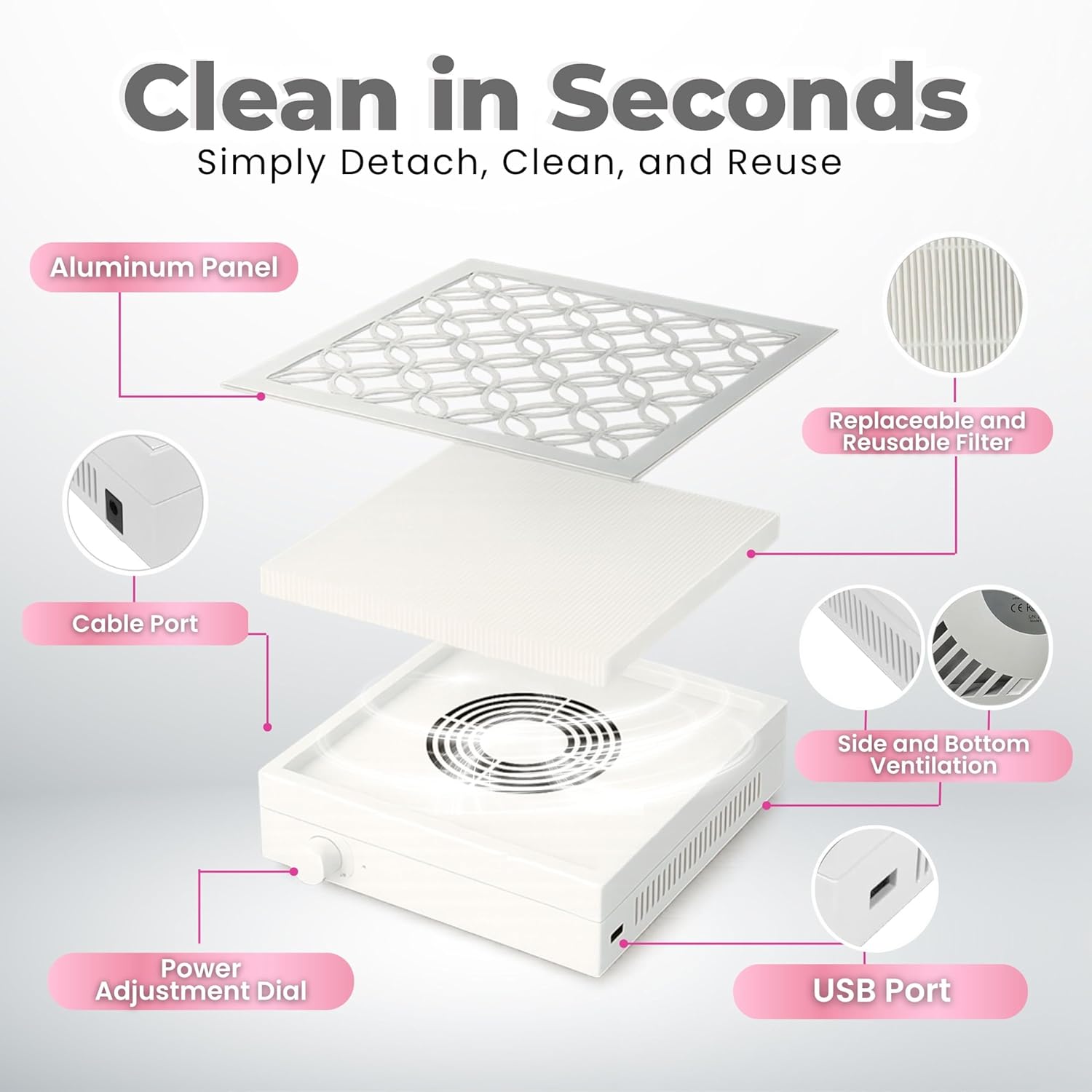 Nail Dust Collector – Rechargeable, Portable & Quiet Suction with Nail Vacuum Dust Collector Reusable Filter, USB Charging, Aluminum Body, & Professional Dust Collector Nail Tech Supplies