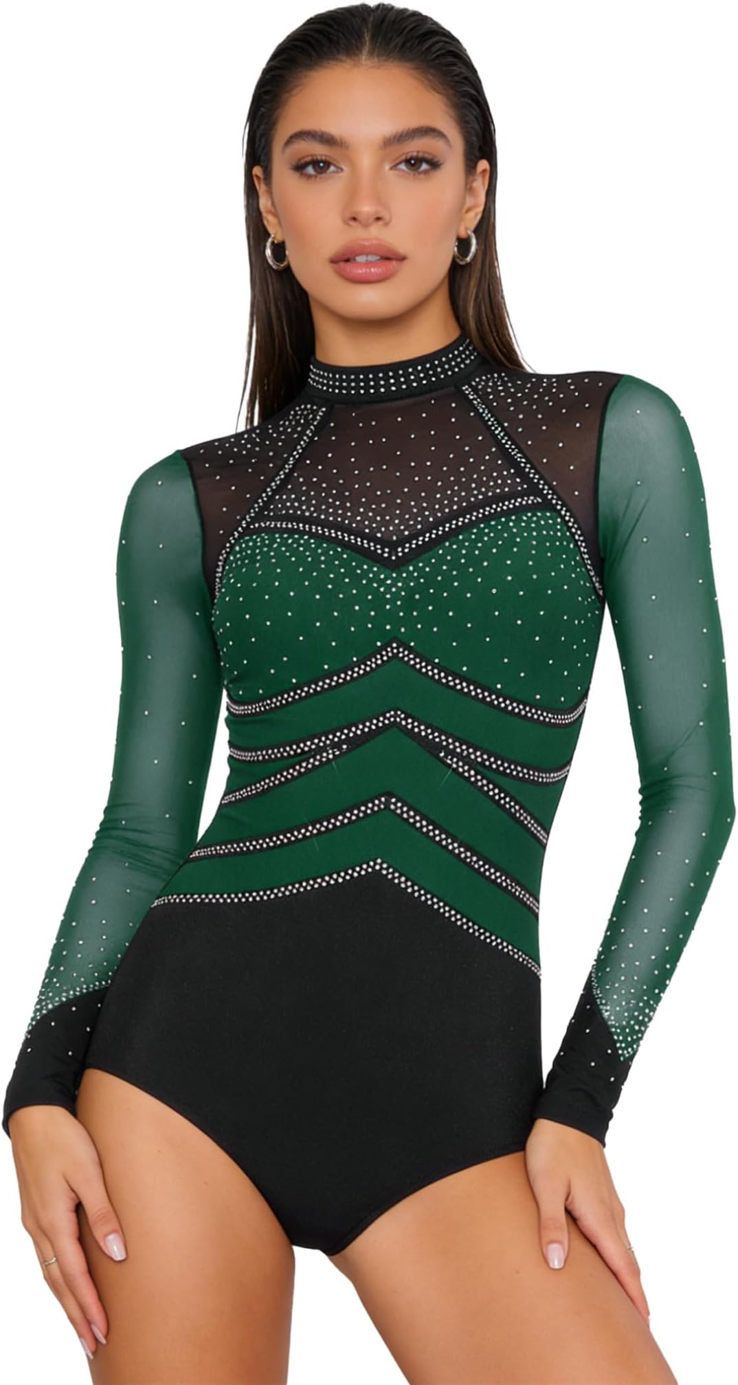 Women's Color Block Bodysuit Gymnastics Leotard Figure Skating Jumpsuit Ballet Dance Bodysuit Top