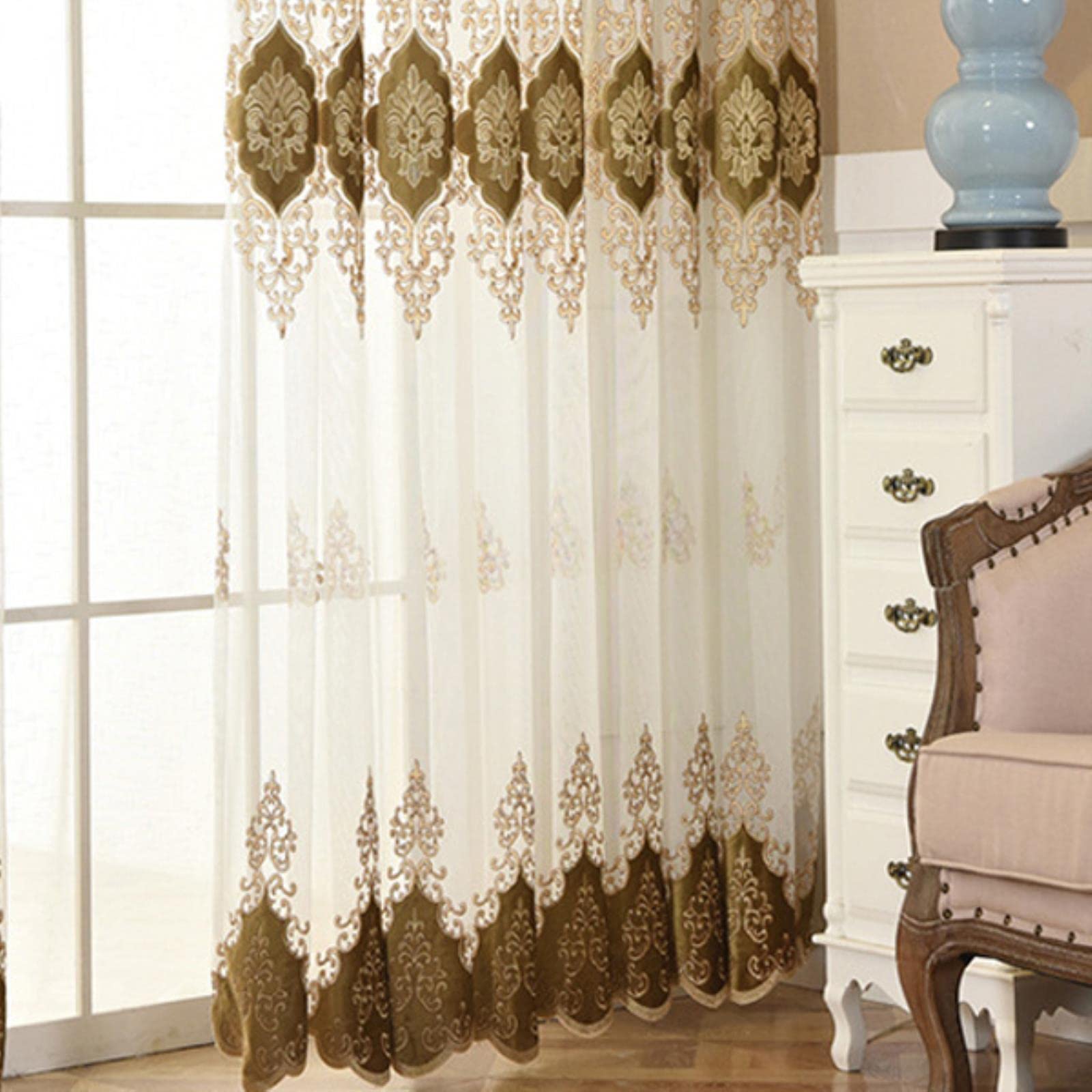 Style européen Bleu brodé fenêtre écran Tulle pour Chambre Luxe café drapé Voile Rideaux pour Salon