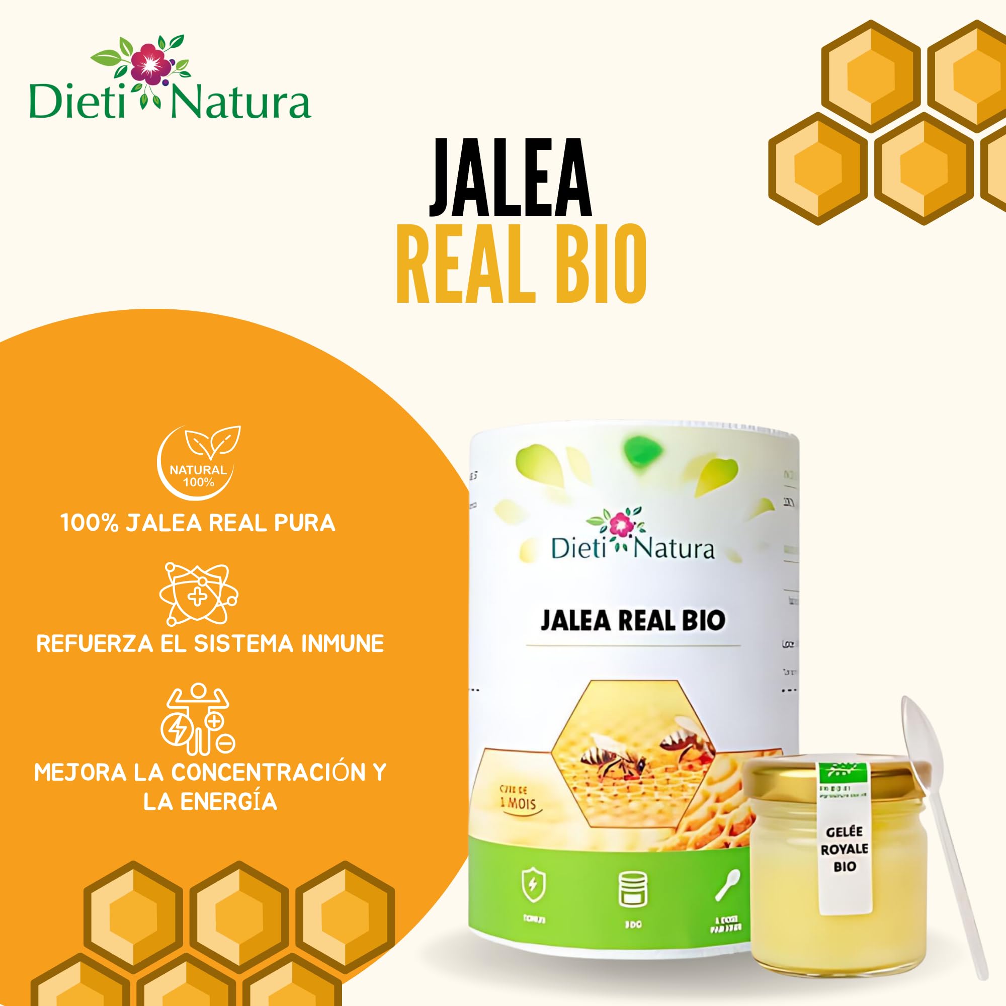 Dieti Natura Tarro de Jalea Real Fresca BIO (30g) (Pack de 6) - Jalea Real Pura con Elementos Esenciales: Vitaminas, Oligoelementos y Minerales para Energía Natural y Defensa Inmunológica