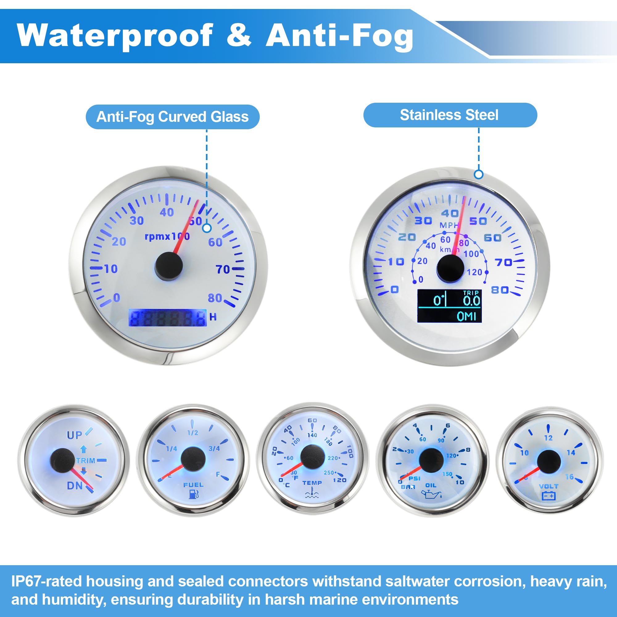 Motoforti 7 Juego 3-3/8" 85mm GPS Velocímetro Tacómetro, 2-1/16" 52mm Aceite Presión, Combustible Nivel, Agua Temperatura, Voltímetro Ajuste Impermeable Marino Barco Indicadores Kit Blanco