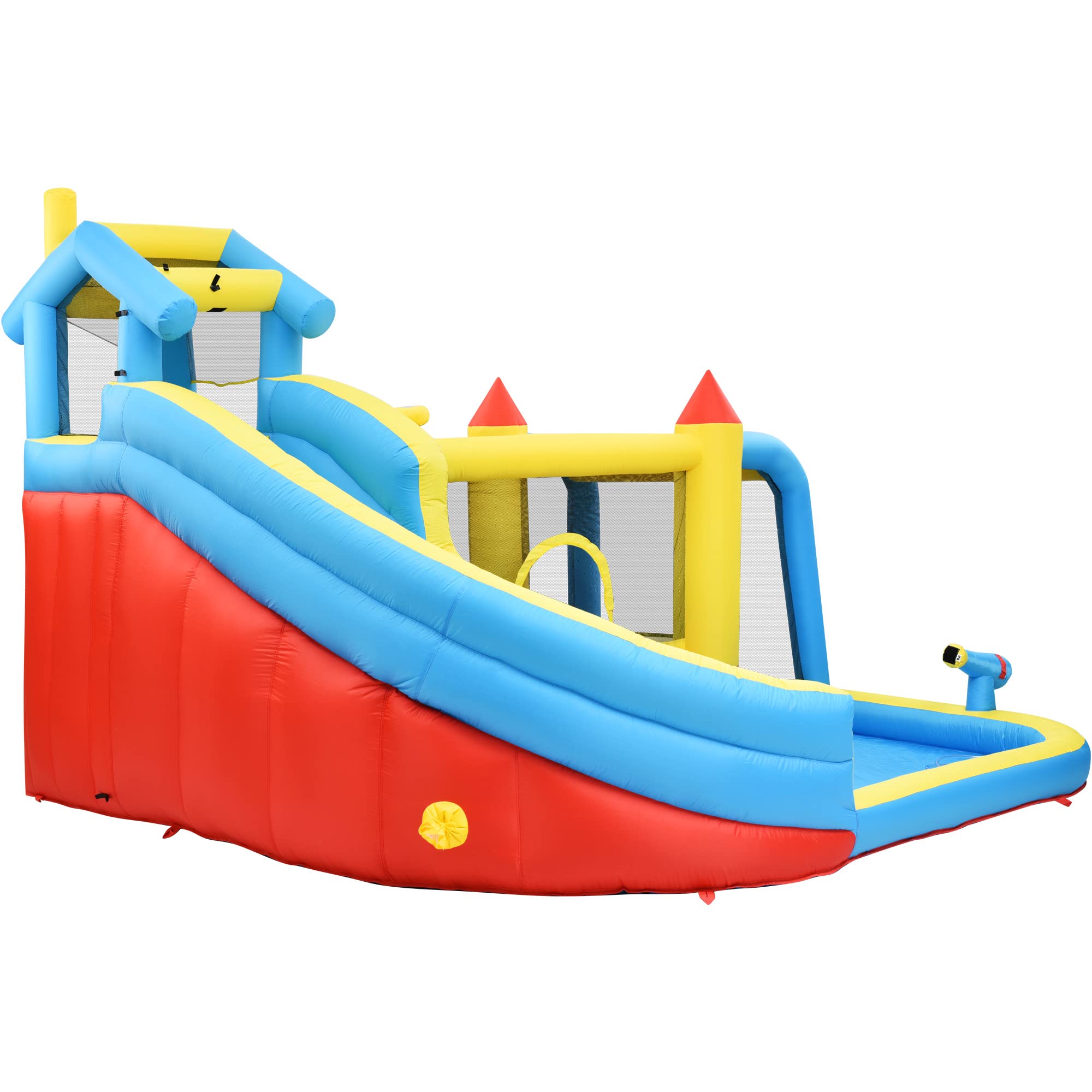Merax Aufblasbare Hüpfburg mit Gebläse, Trocken-/Wasserrutsche, Outdoor Castle mit Sprungbereich, großes Wasserpool, Fußballnetz, für Kinder von 3 bis 10 Jahren, inkl. Tragetasche, 364 x 315 x 239 cm