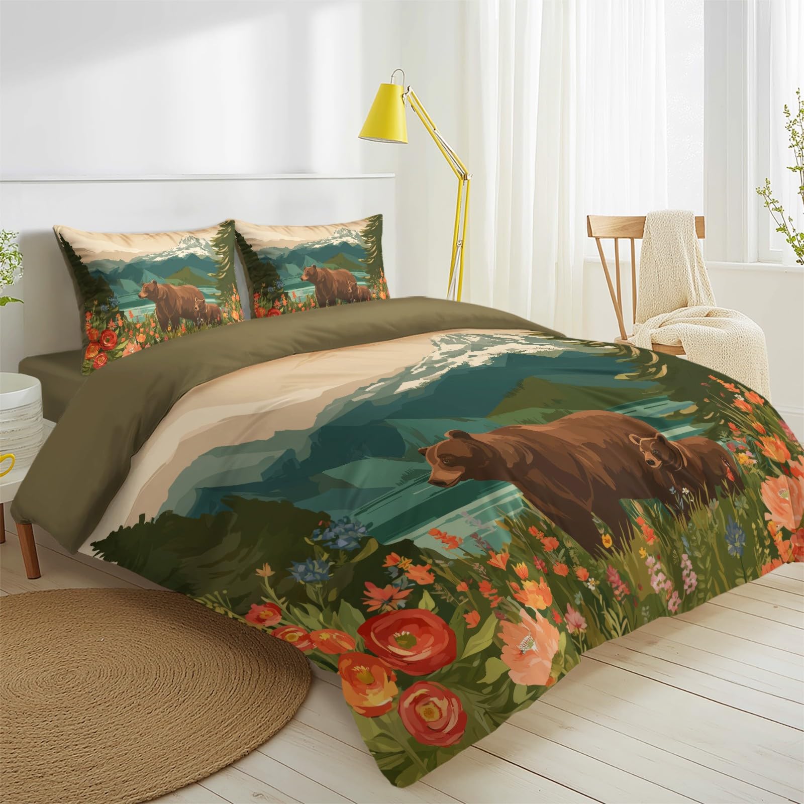 Générique Poszwa na kołdrę z motywem zielonego krajobrazu zwierząt, komplet pościeli 140 x 200 cm dla 2 osób na łóżko z gumką, niedźwiedź dzika natura przygoda zestaw pościeli 4-częściowy z 2