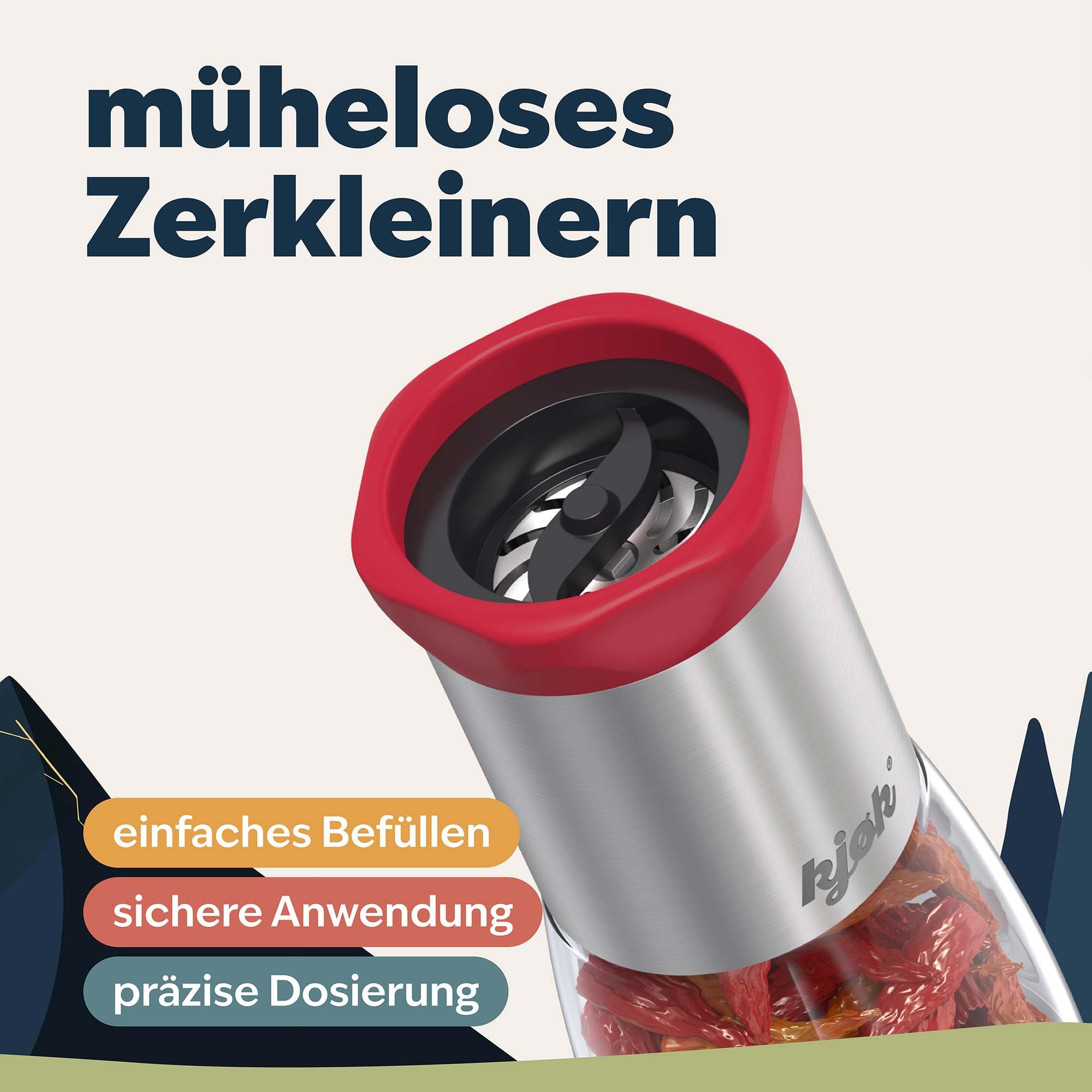 kjøk Młynek do chili 100 ml, stal i szkło – młynek do przypraw | Ręczny młynek do chili ze stalowym mechanizmem tnącym i szklanym pojemnikiem – z pokrywką chroniącą zawartość