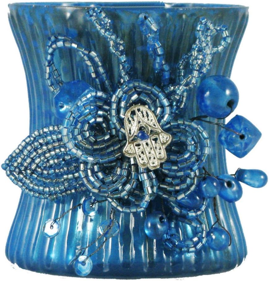 Set of 2 Deep Blue Mercury Glass Votive Candle Holders with Mehndi Beaded Clusters