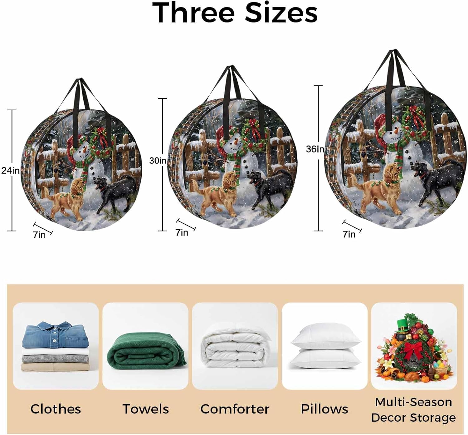 Christmas Xmas Round Storage Bag 36 Inch, Wreath Snowman Cute Dog Winter Clothes Storage Container with Handles Heavy Duty Organizer for Comforter, Bedding & Holiday Wreaths