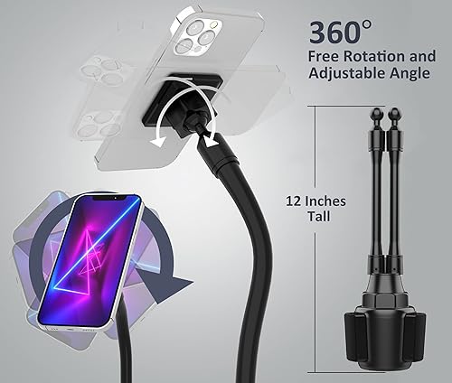 Miniatura 4 de Soporte de teléfono doble para portavasos de automóvil, cuello largo y flexible, soporte giratorio de 360 para teléfono de automóvil, soporte de