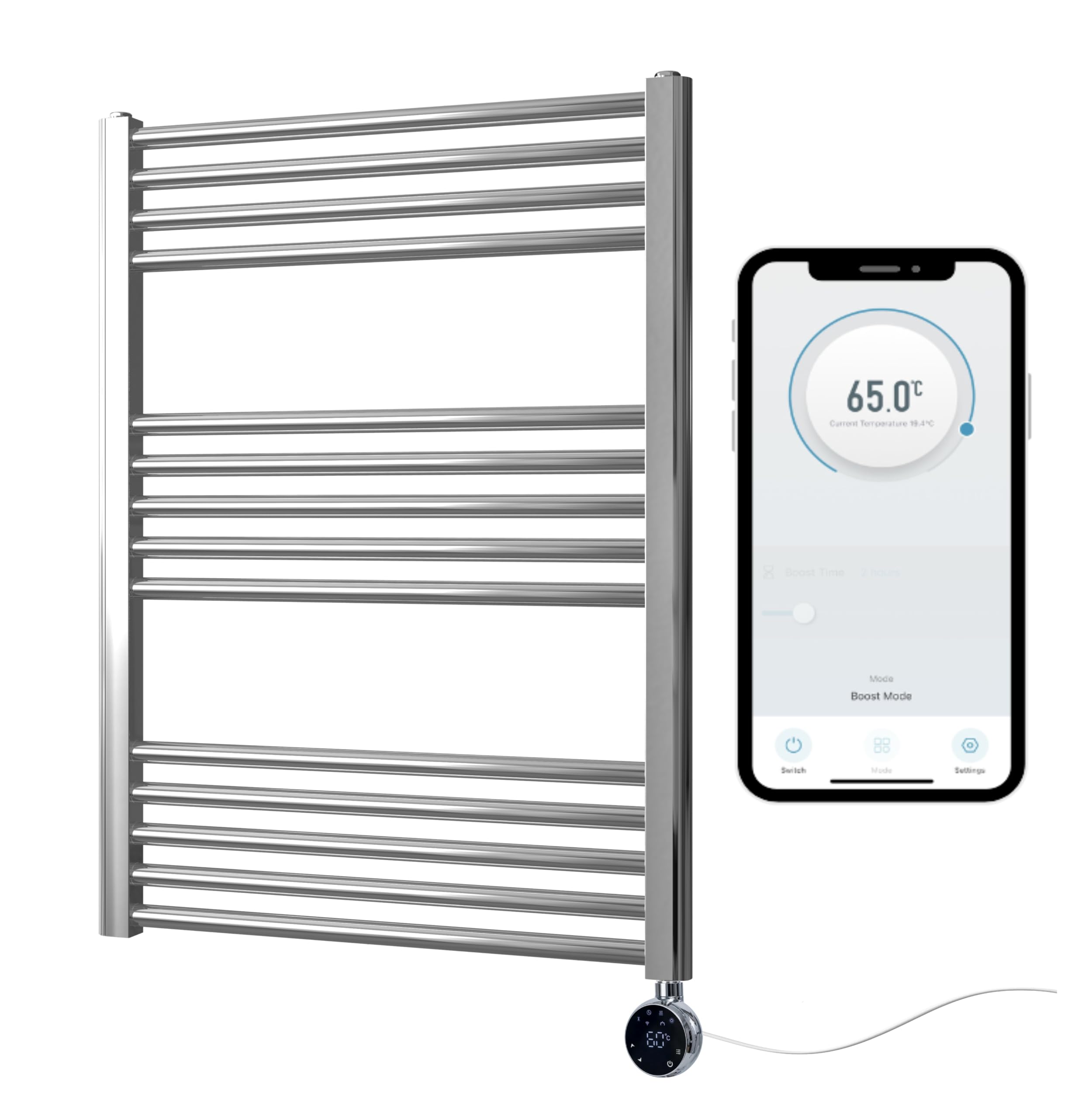Greened House Chrome Electric WiFi Heated Towel Rail 600mm W x 800mm H