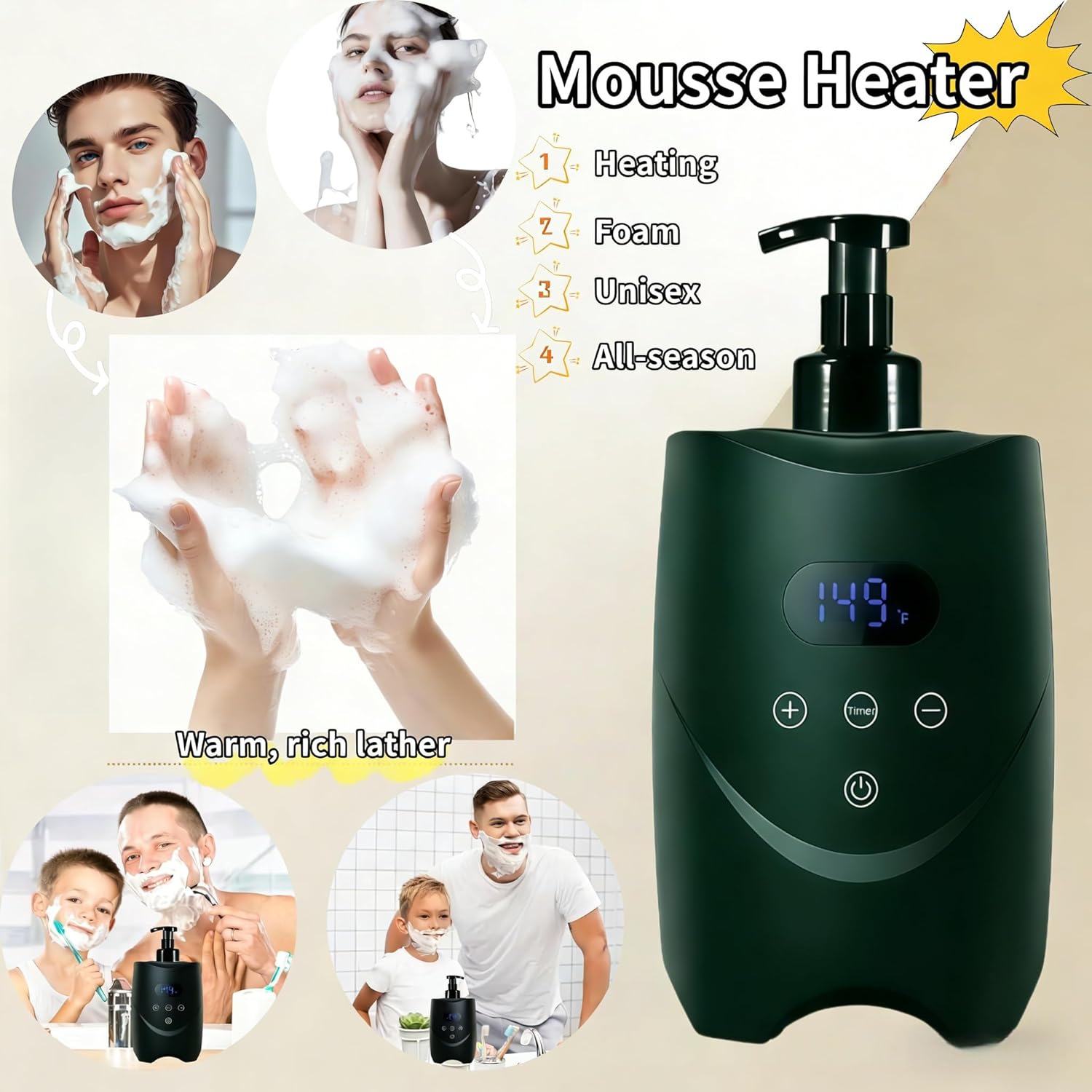 Professional Hot Lather Machine, Fast Heating Shaving Cream Warmer with 1-24H Timer,°F/°C Display, 2 Detachable Bottles for Shaving, Barber Shop, Home & SPA, Perfect Gift for Men