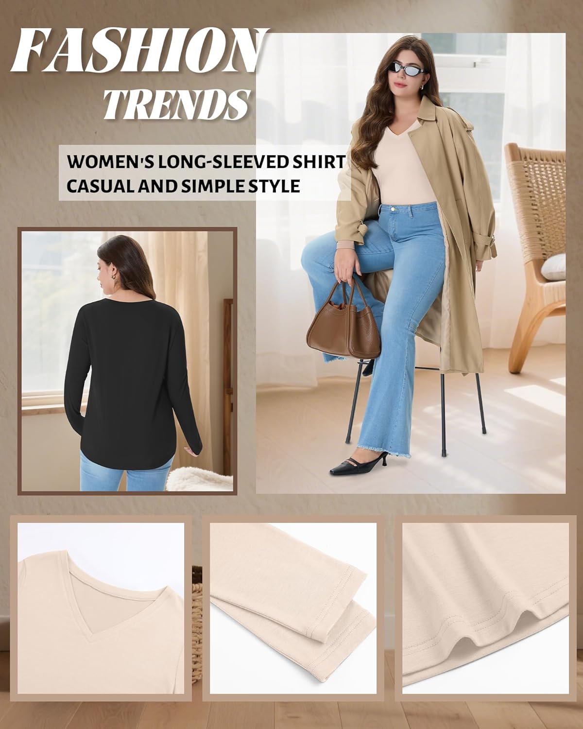 4 Pack Women's Plus Size T Shirts Long Sleeve V Neck Tops Basic Loose Fit Curved Hem Tunic Clothes - Image 3