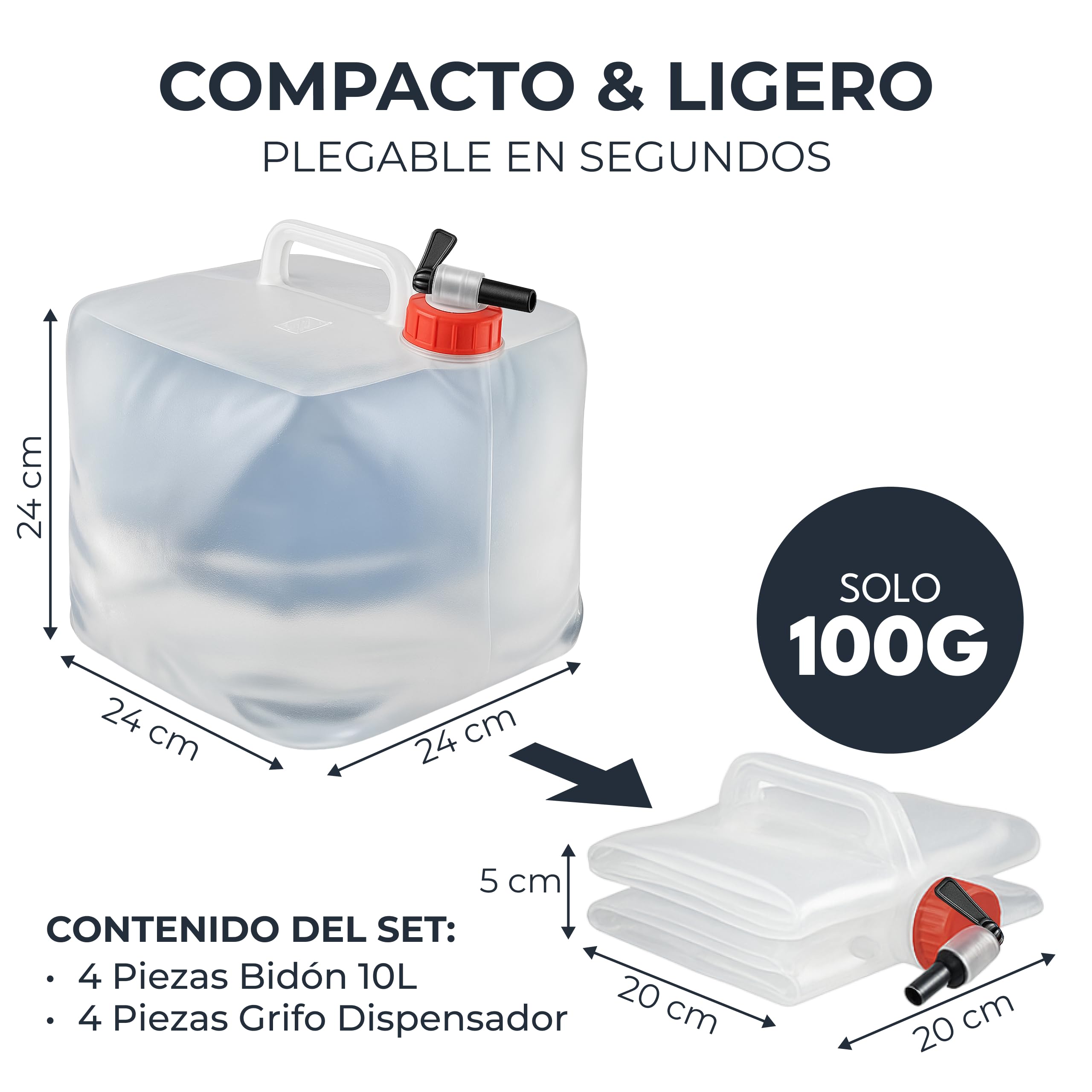 4 bidones de agua de 10 l, plegables, con práctico grifo de vertido y asa, con tapa de rosca, 100% hermético, bidón de agua para camping, exteriores, etc. Bidón de agua plegable