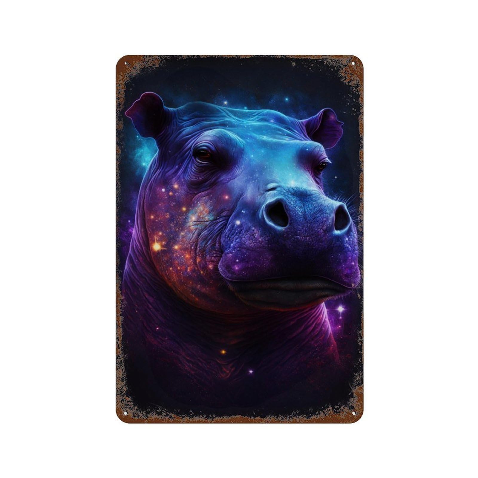 Aged Metal Wall Plaque with Cosmic Hippo Portrait-9 Design 11.8"x7.9", for Farmhouse, Kitchen And Entryway Decor, Old School Wall Decor