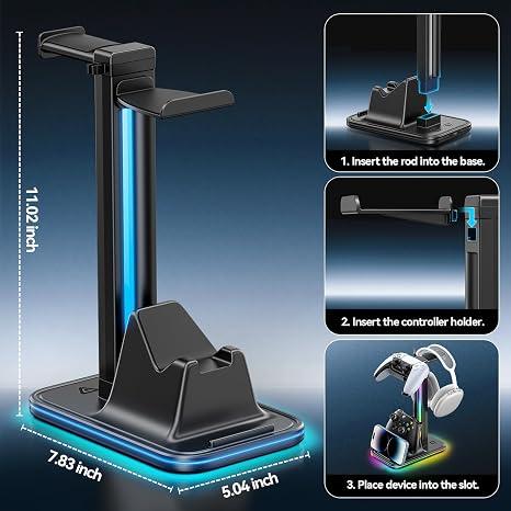 Kytok 4-in-1 Headset and Controller Stand for Desk, 360 Rotating Headphone Stand with Phone Holder, 10 RGB Modes for Accesorios de Mesa Gamer, P5/SW/Xbx Levitating Gaming Headset and Controller Stand