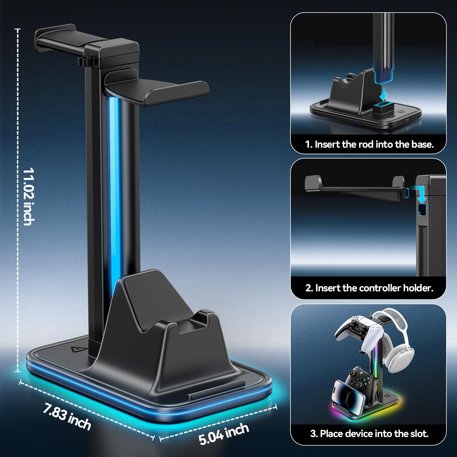 Supporto per cuffie e controller 4 in 1 per scrivania, supporto per cuffie rotante a 360° con supporto per telefono, 10 modalità RGB per accessori da gioco Mesa Gamer, P5/SW/Xbx Levitating Gaming