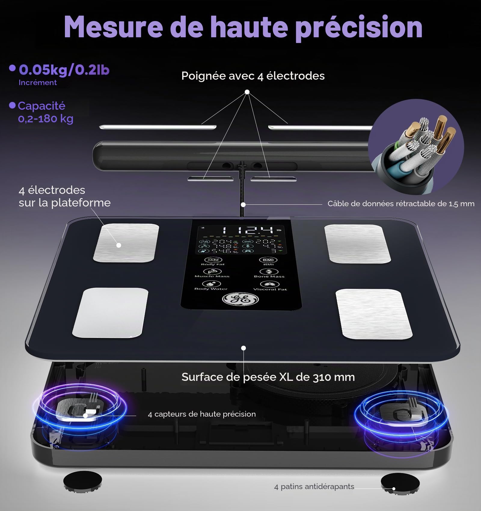 GE Balance intelligente pour poids corporel, balance de salle de bain numérique à 8 électrodes, 27 mesures pour la graisse, l'IMC, la masse musculaire, analyseur de composition corporelle, Bluetooth