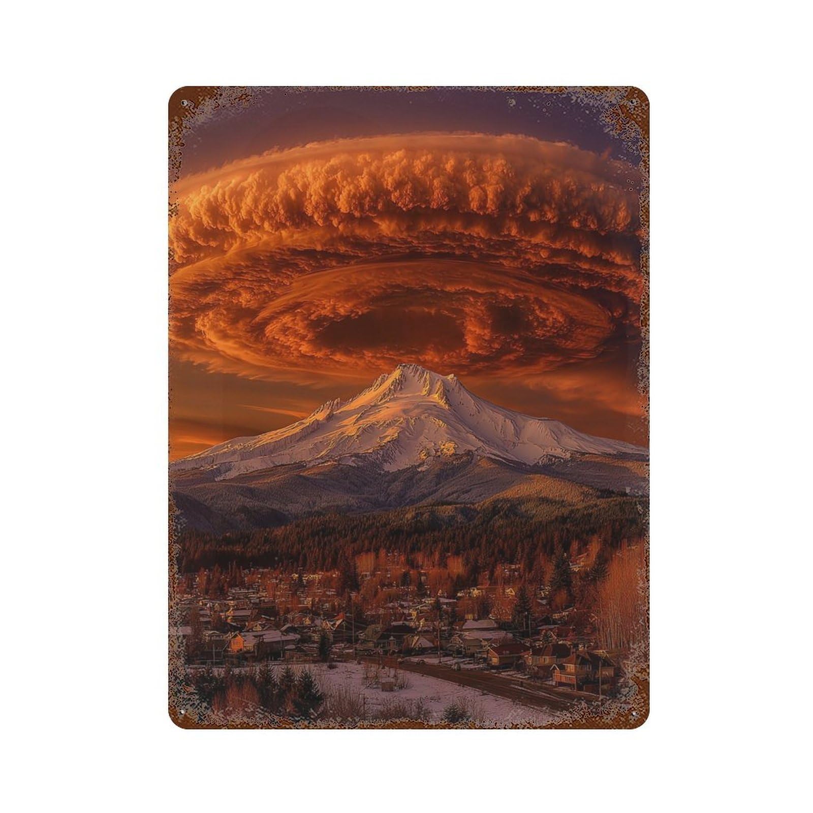 Volcano Clouds Over Mountain Town Rusty Metal Tin Sign 15.7"x11.8", for Pub, Kitchen And Man Cave Decor, Farmhouse Wall Decor